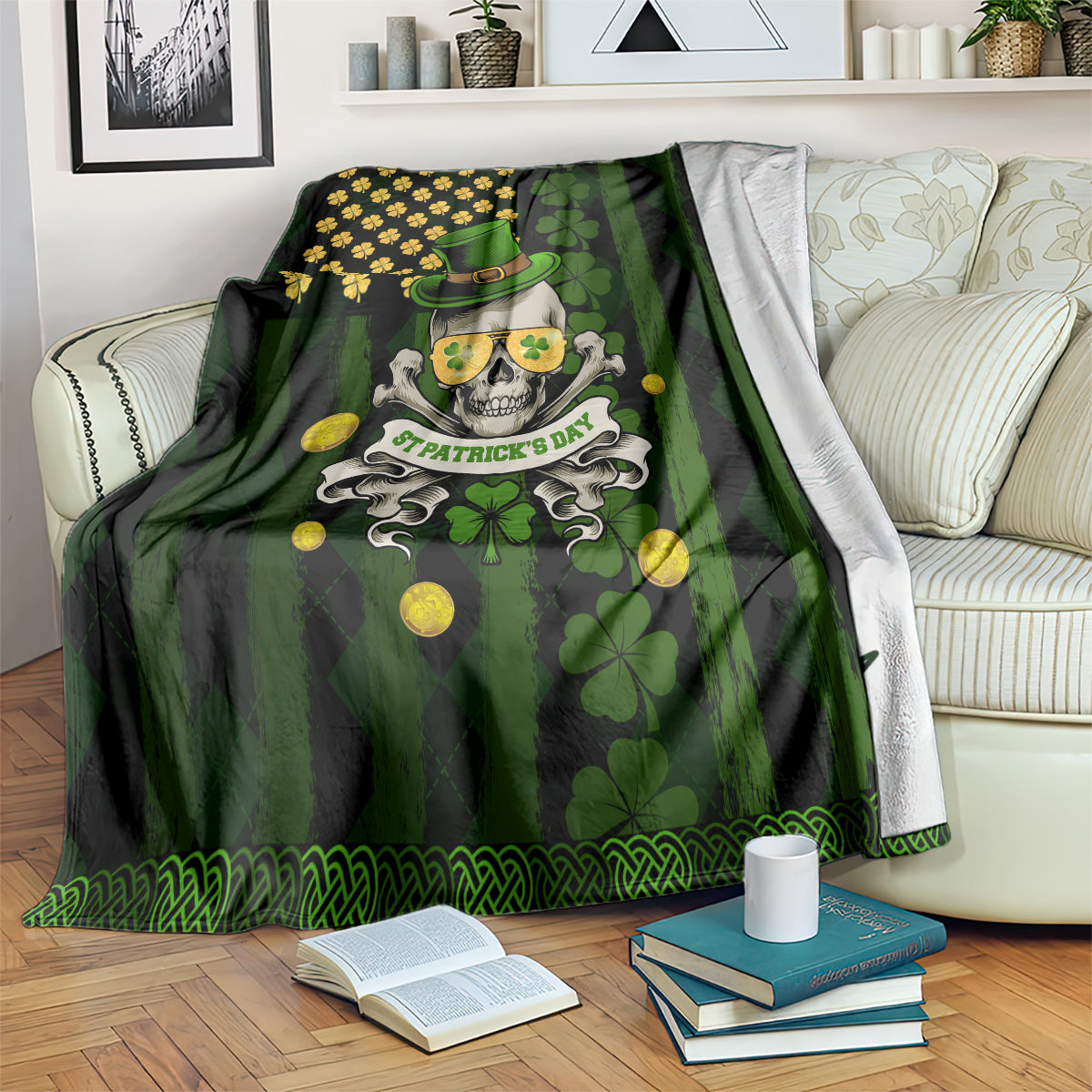 St Patrick's Day Skull Blanket American Flag Shamrock