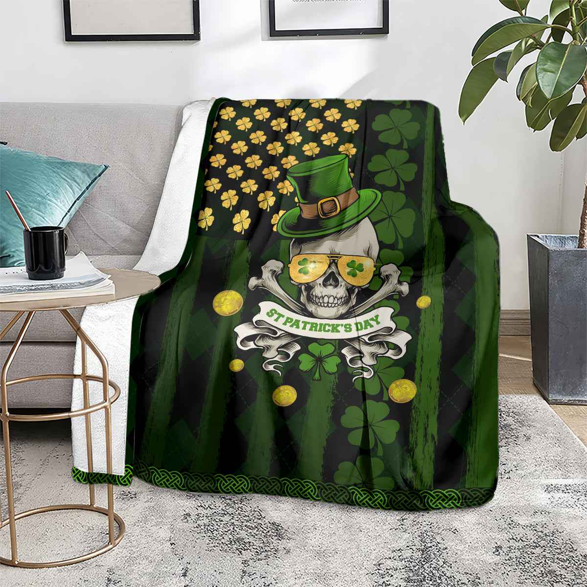 St Patrick's Day Skull Blanket American Flag Shamrock