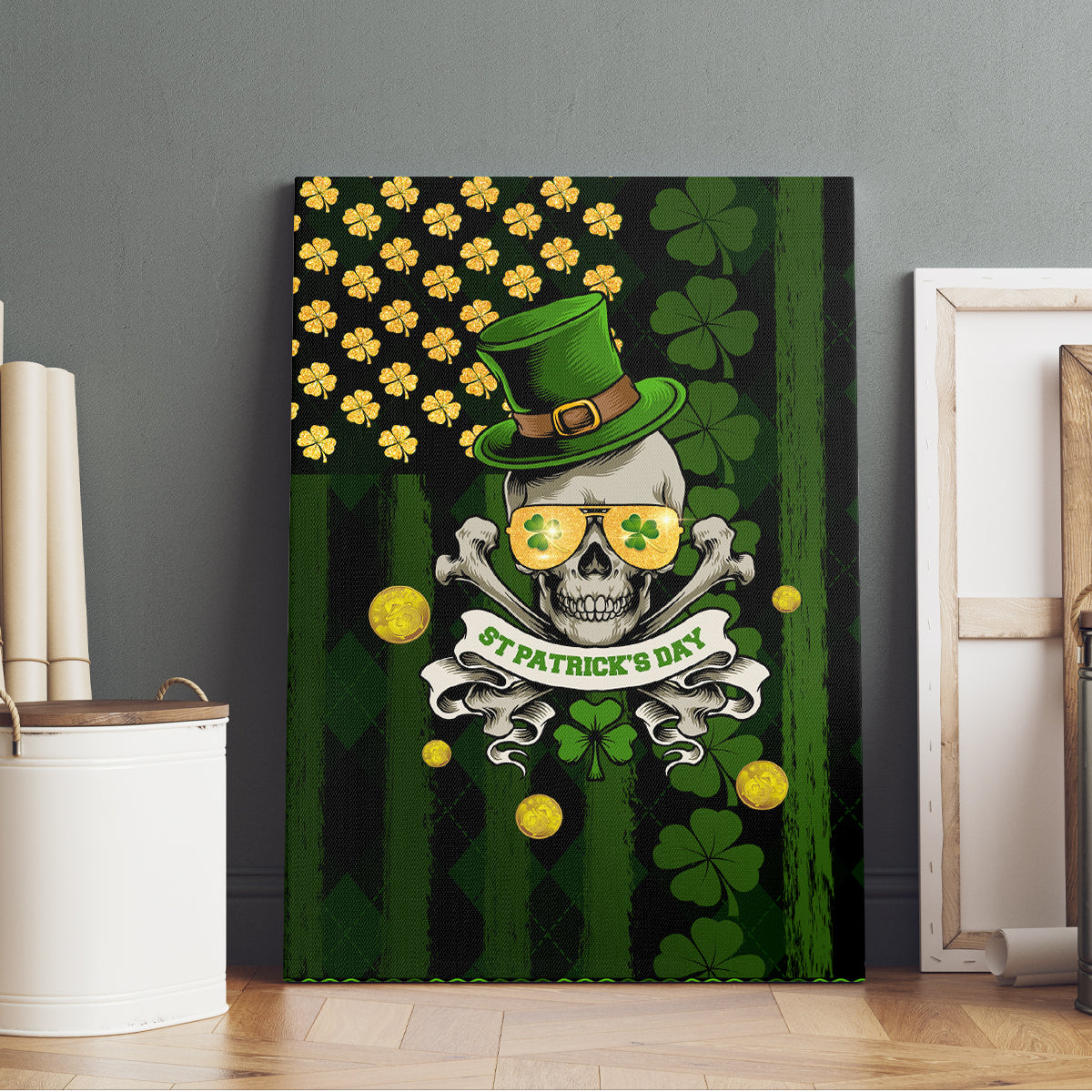 St Patrick's Day Skull Canvas Wall Art American Flag Shamrock - Wonder Print Shop