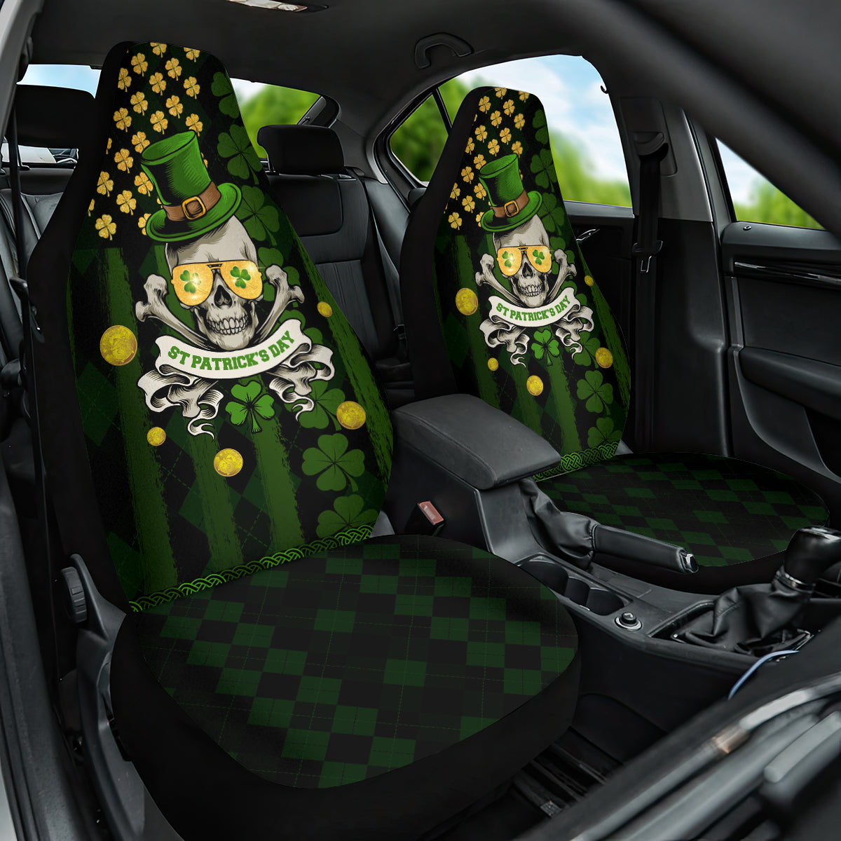St Patrick's Day Skull Car Seat Cover American Flag Shamrock - Wonder Print Shop