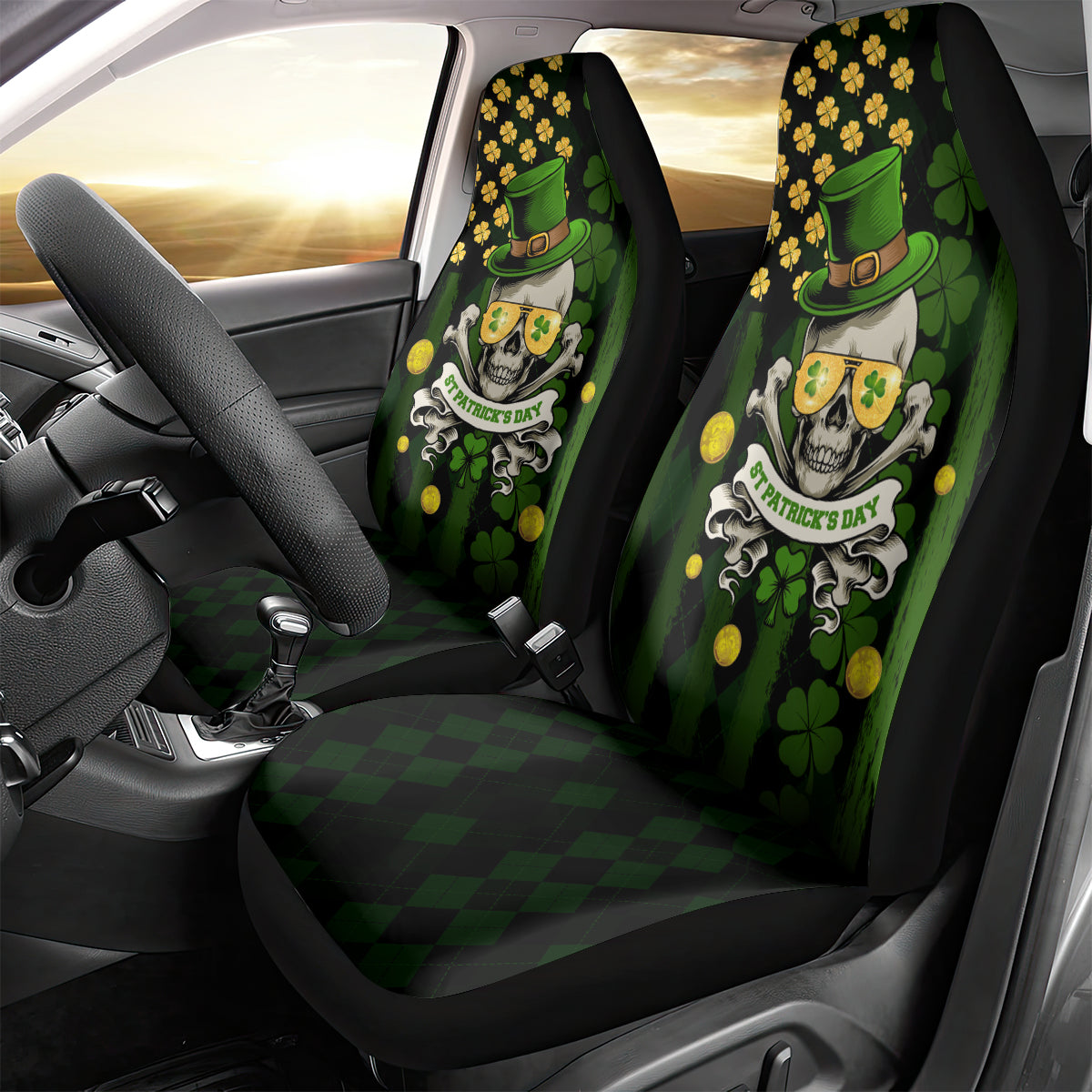 St Patrick's Day Skull Car Seat Cover American Flag Shamrock - Wonder Print Shop