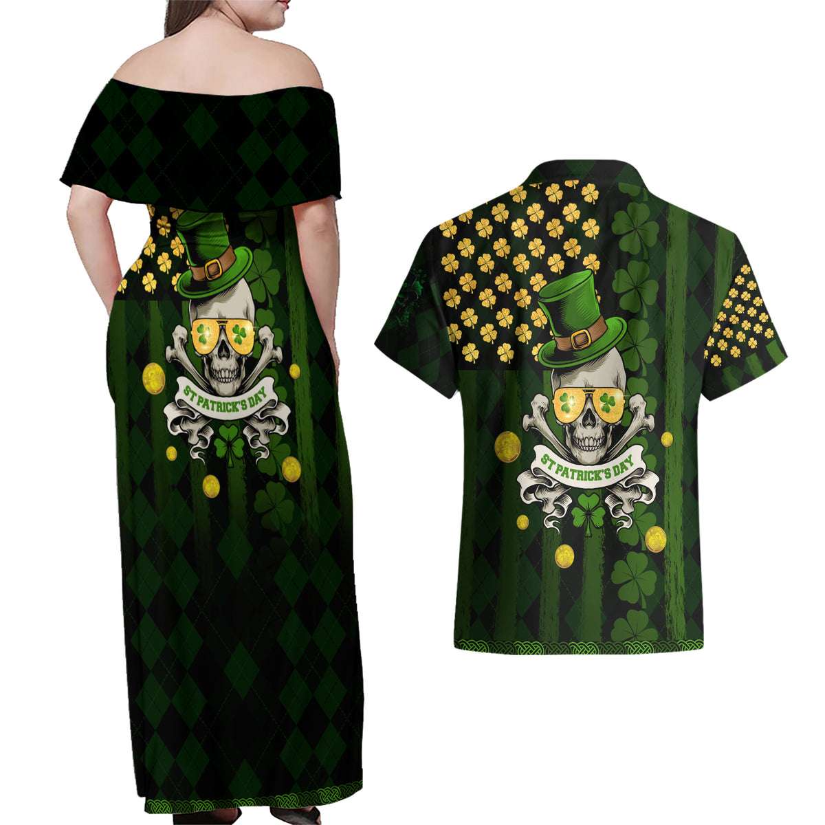 St Patrick's Day Skull Couples Matching Off Shoulder Maxi Dress and Hawaiian Shirt American Flag Shamrock - Wonder Print Shop