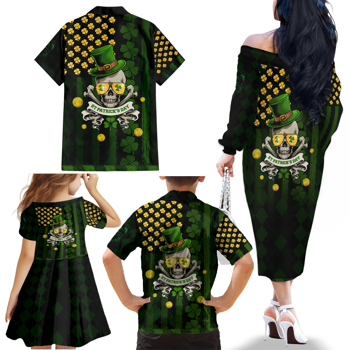 St Patrick's Day Skull Family Matching Off The Shoulder Long Sleeve Dress and Hawaiian Shirt American Flag Shamrock - Wonder Print Shop