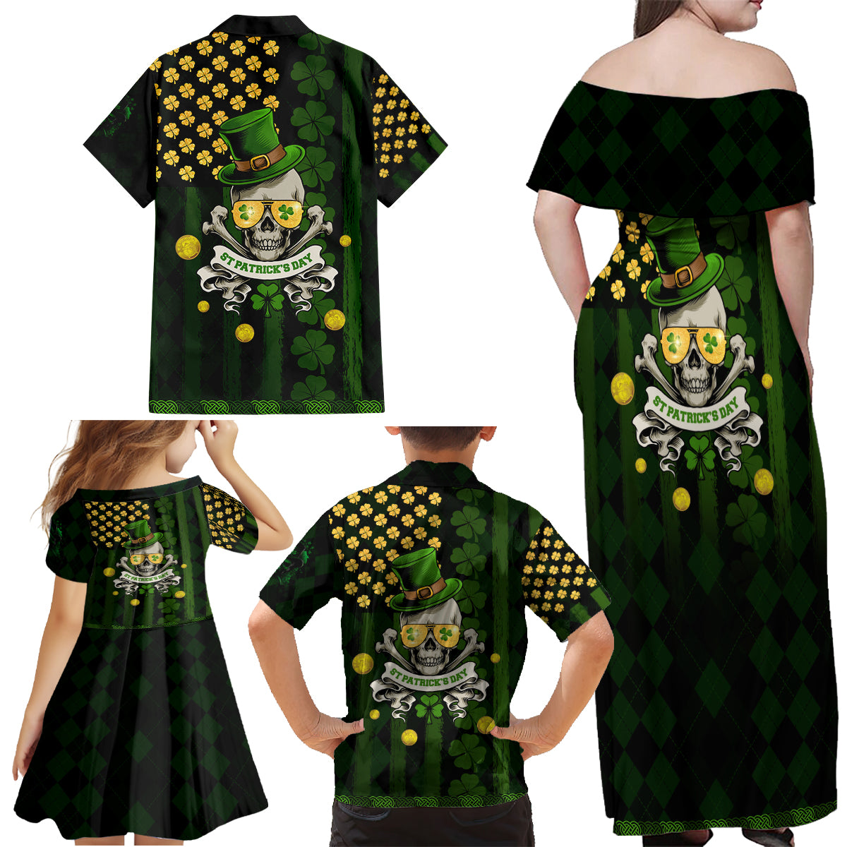 St Patrick's Day Skull Family Matching Off Shoulder Maxi Dress and Hawaiian Shirt American Flag Shamrock - Wonder Print Shop