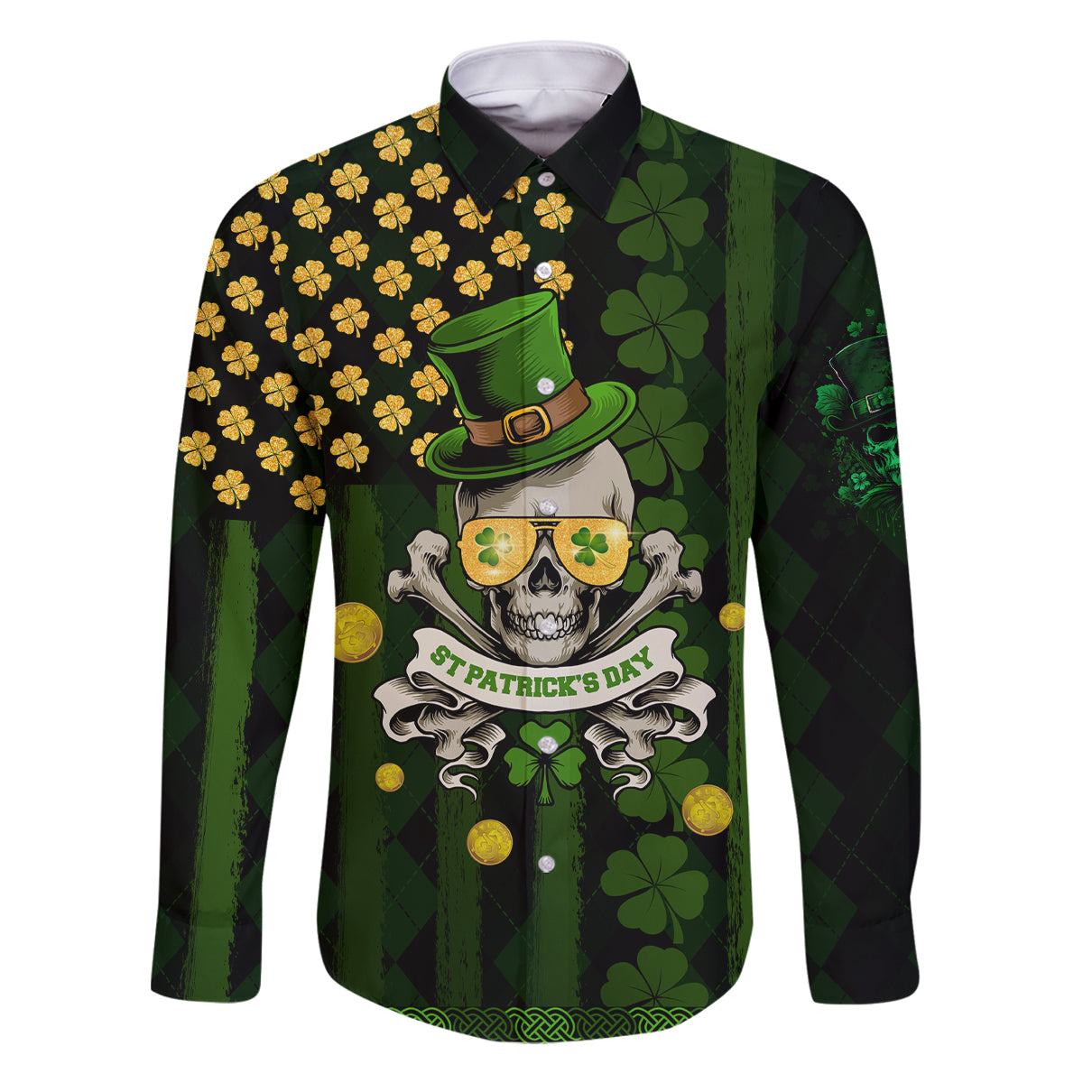 St Patrick's Day Skull Family Matching Off Shoulder Maxi Dress and Hawaiian Shirt American Flag Shamrock - Wonder Print Shop