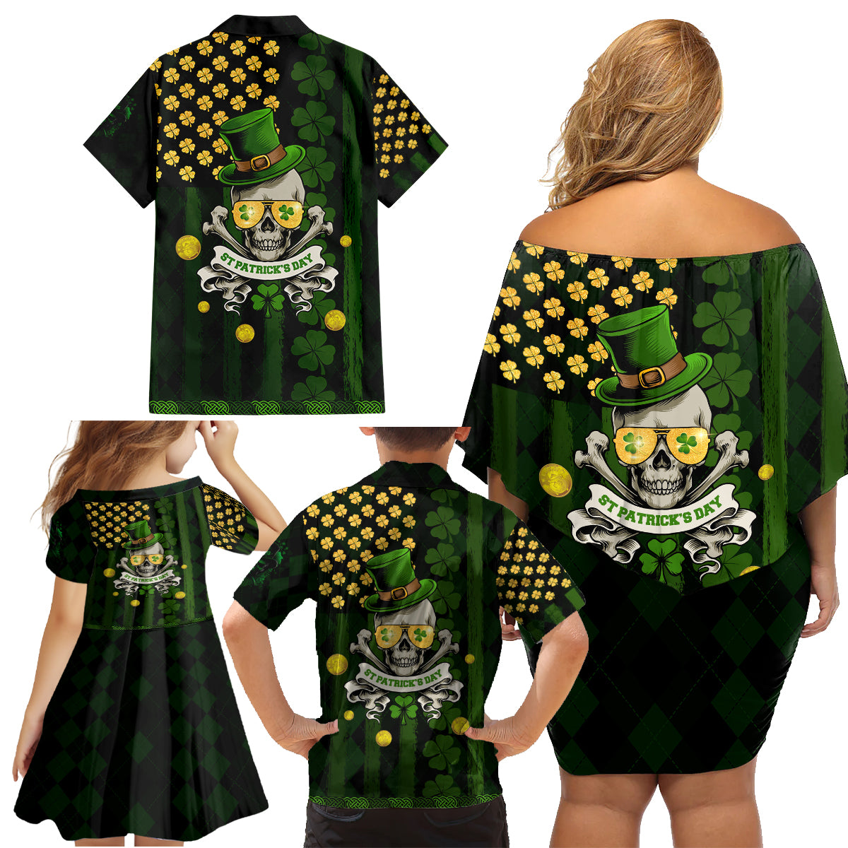 St Patrick's Day Skull Family Matching Off Shoulder Short Dress and Hawaiian Shirt American Flag Shamrock - Wonder Print Shop