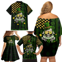 St Patrick's Day Skull Family Matching Off Shoulder Short Dress and Hawaiian Shirt American Flag Shamrock - Wonder Print Shop