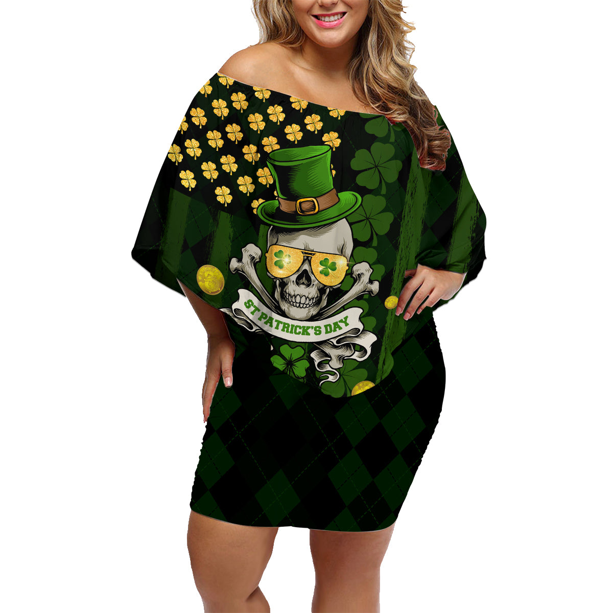 St Patrick's Day Skull Family Matching Off Shoulder Short Dress and Hawaiian Shirt American Flag Shamrock - Wonder Print Shop