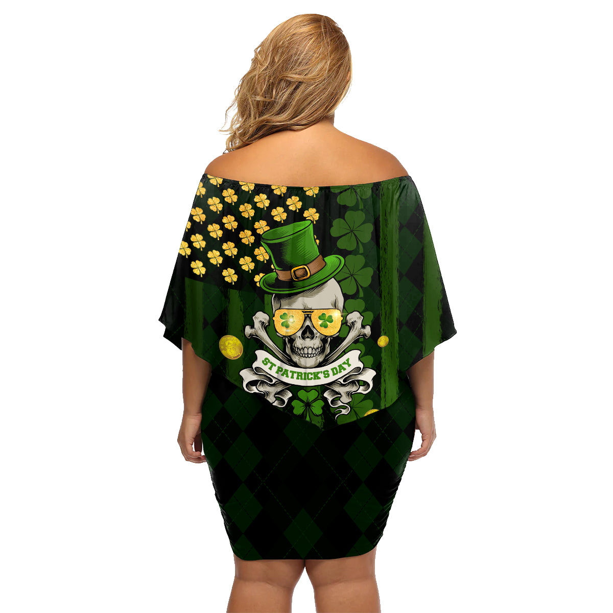 St Patrick's Day Skull Family Matching Off Shoulder Short Dress and Hawaiian Shirt American Flag Shamrock - Wonder Print Shop