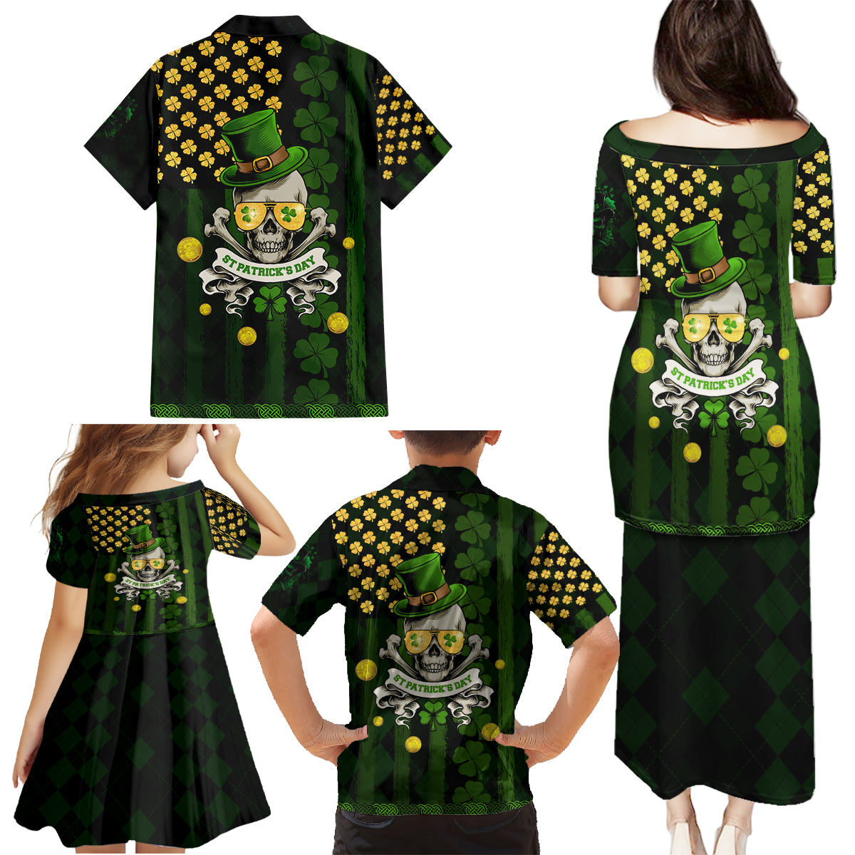 St Patrick's Day Skull Family Matching Puletasi and Hawaiian Shirt American Flag Shamrock - Wonder Print Shop