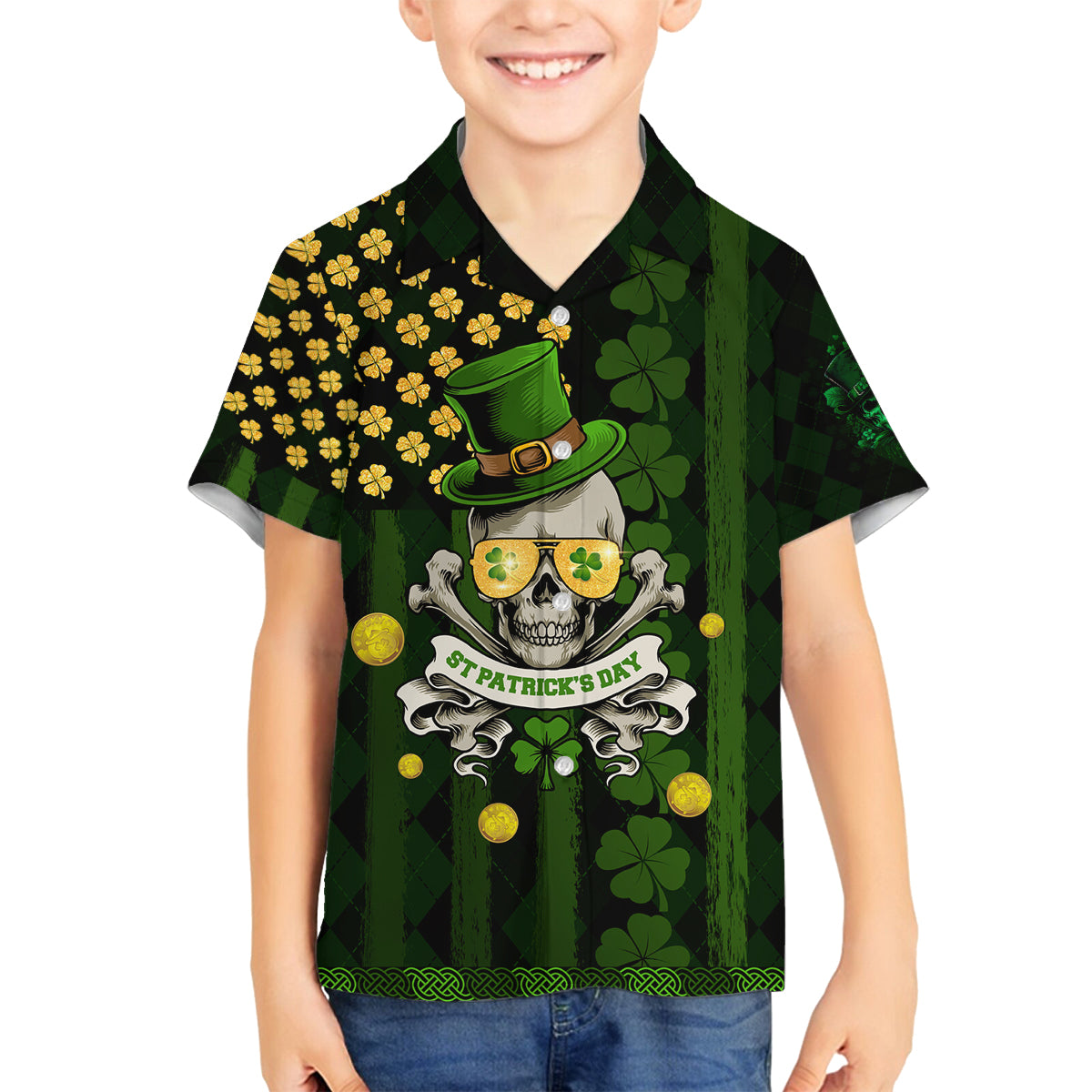 St Patrick's Day Skull Family Matching Puletasi and Hawaiian Shirt American Flag Shamrock - Wonder Print Shop