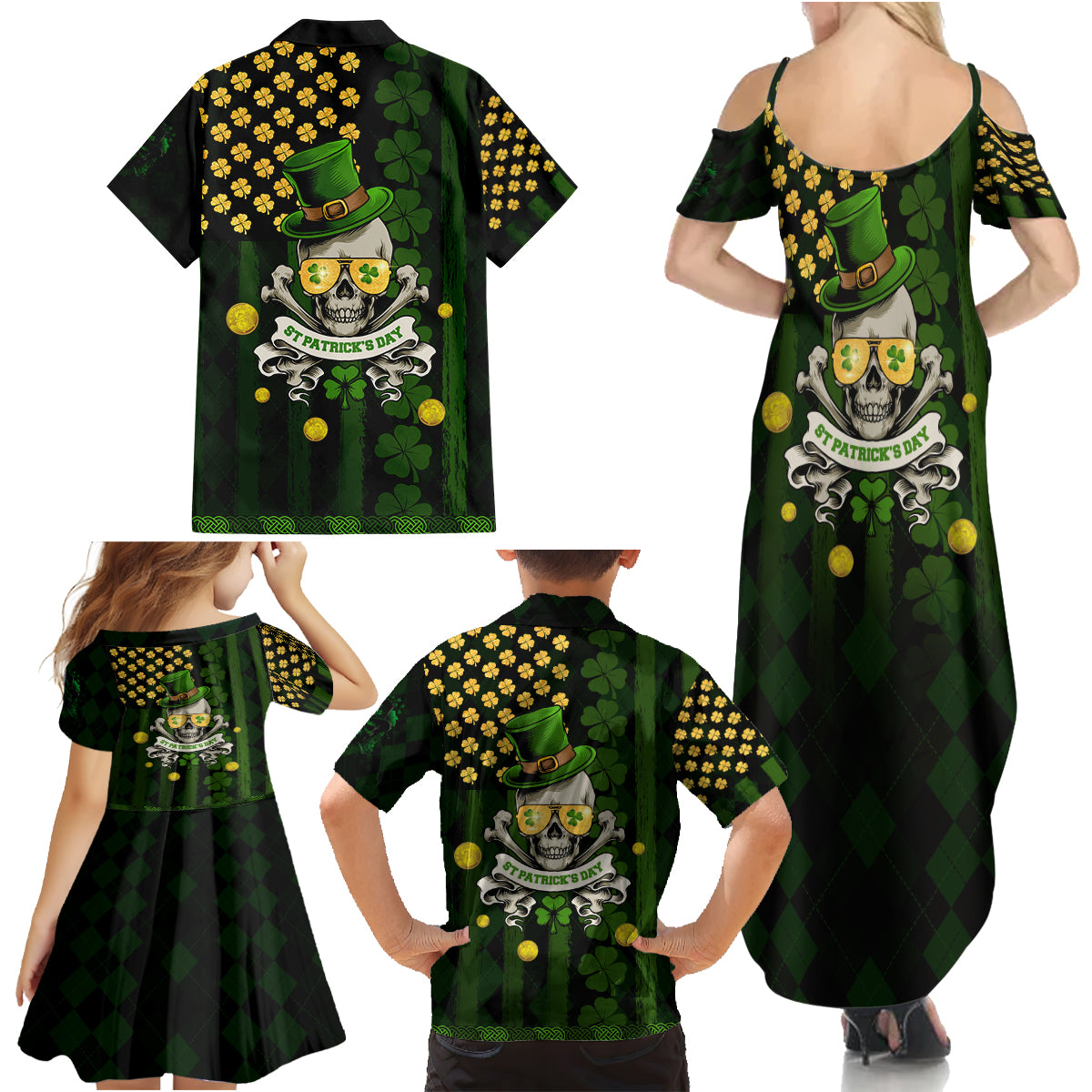 St Patrick's Day Skull Family Matching Summer Maxi Dress and Hawaiian Shirt American Flag Shamrock - Wonder Print Shop