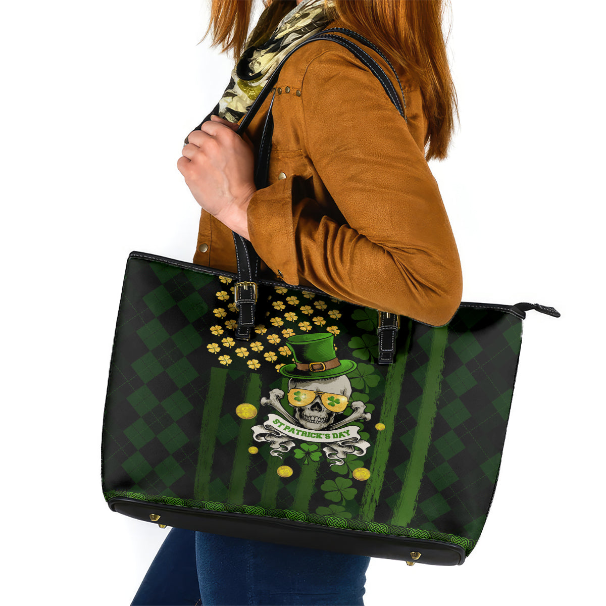 St Patrick's Day Skull Leather Tote Bag American Flag Shamrock - Wonder Print Shop