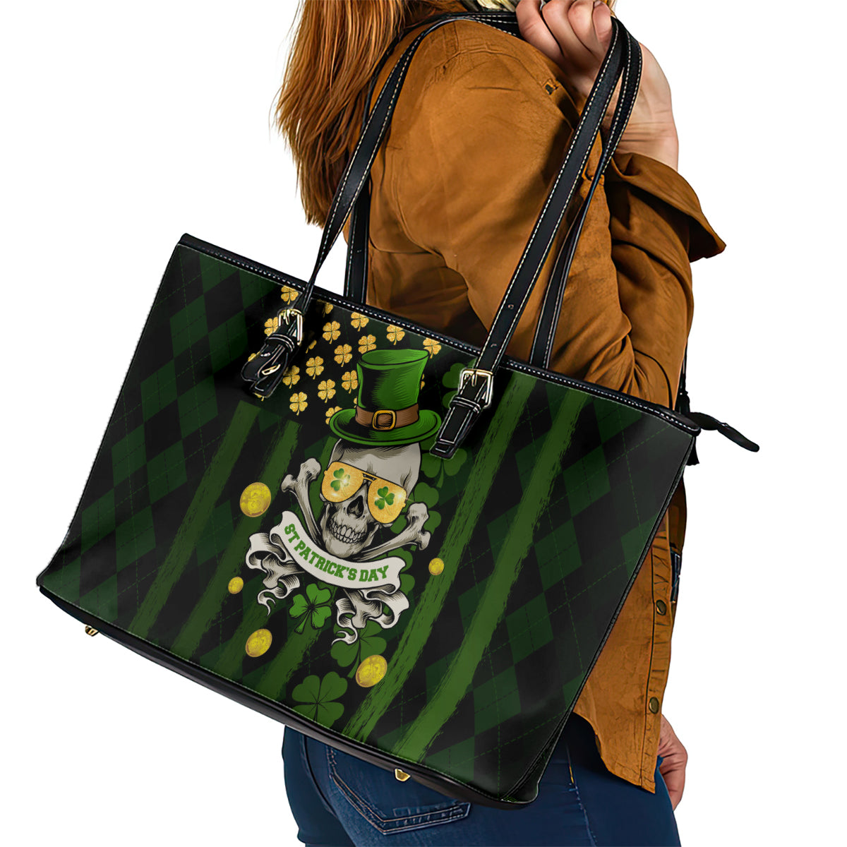 St Patrick's Day Skull Leather Tote Bag American Flag Shamrock - Wonder Print Shop