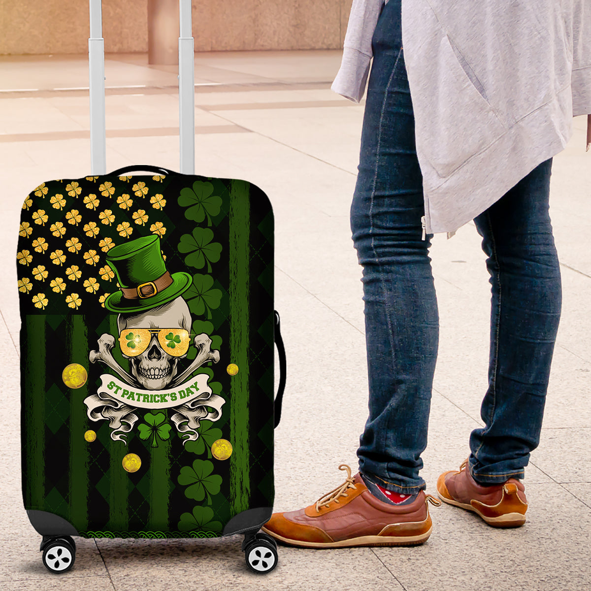 St Patrick's Day Skull Luggage Cover American Flag Shamrock