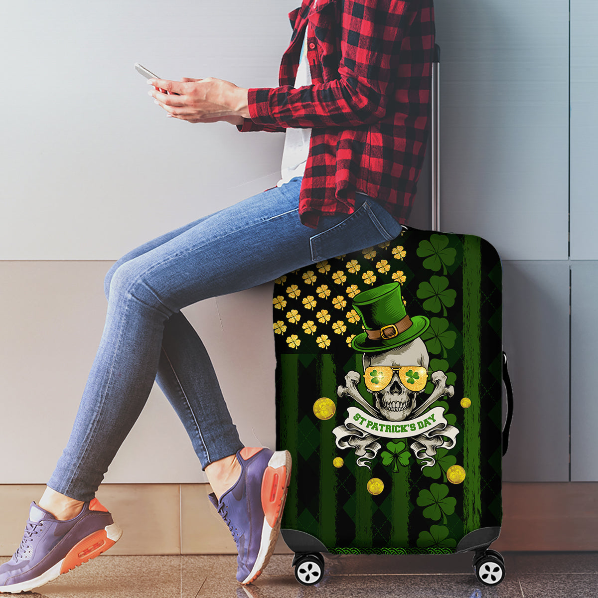 St Patrick's Day Skull Luggage Cover American Flag Shamrock - Wonder Print Shop