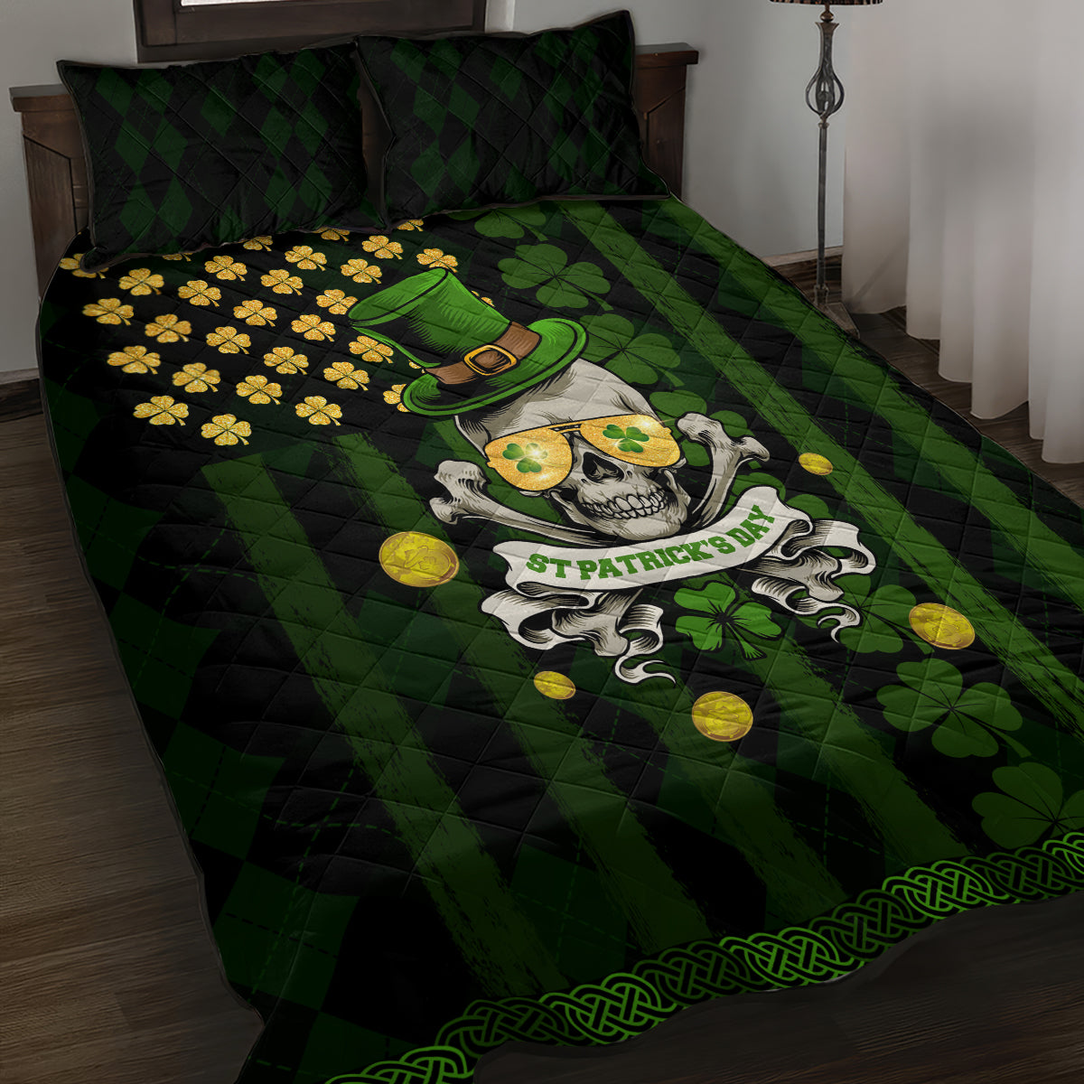 St Patrick's Day Skull Quilt Bed Set American Flag Shamrock - Wonder Print Shop