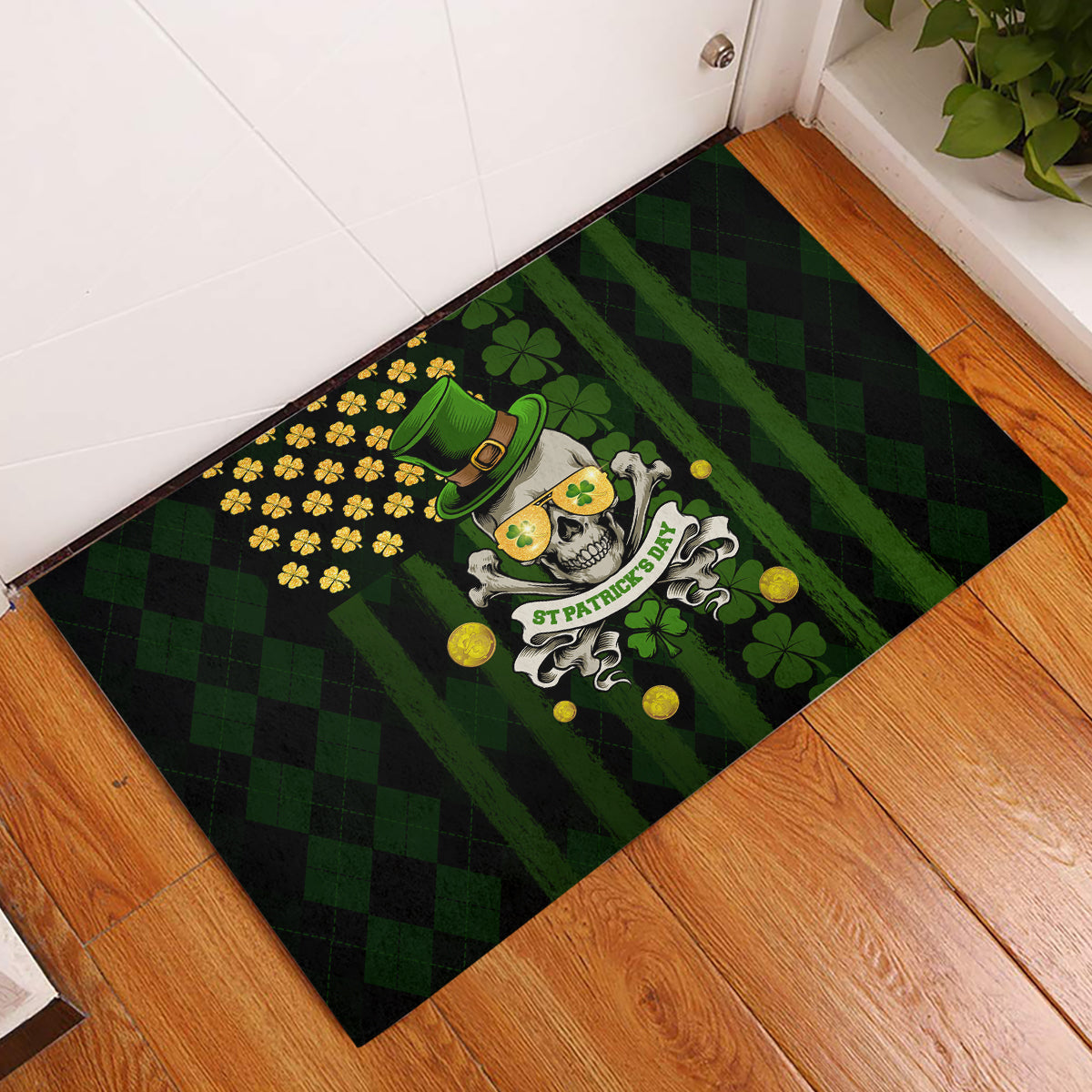 St Patrick's Day Skull Rubber Doormat American Flag Shamrock - Wonder Print Shop