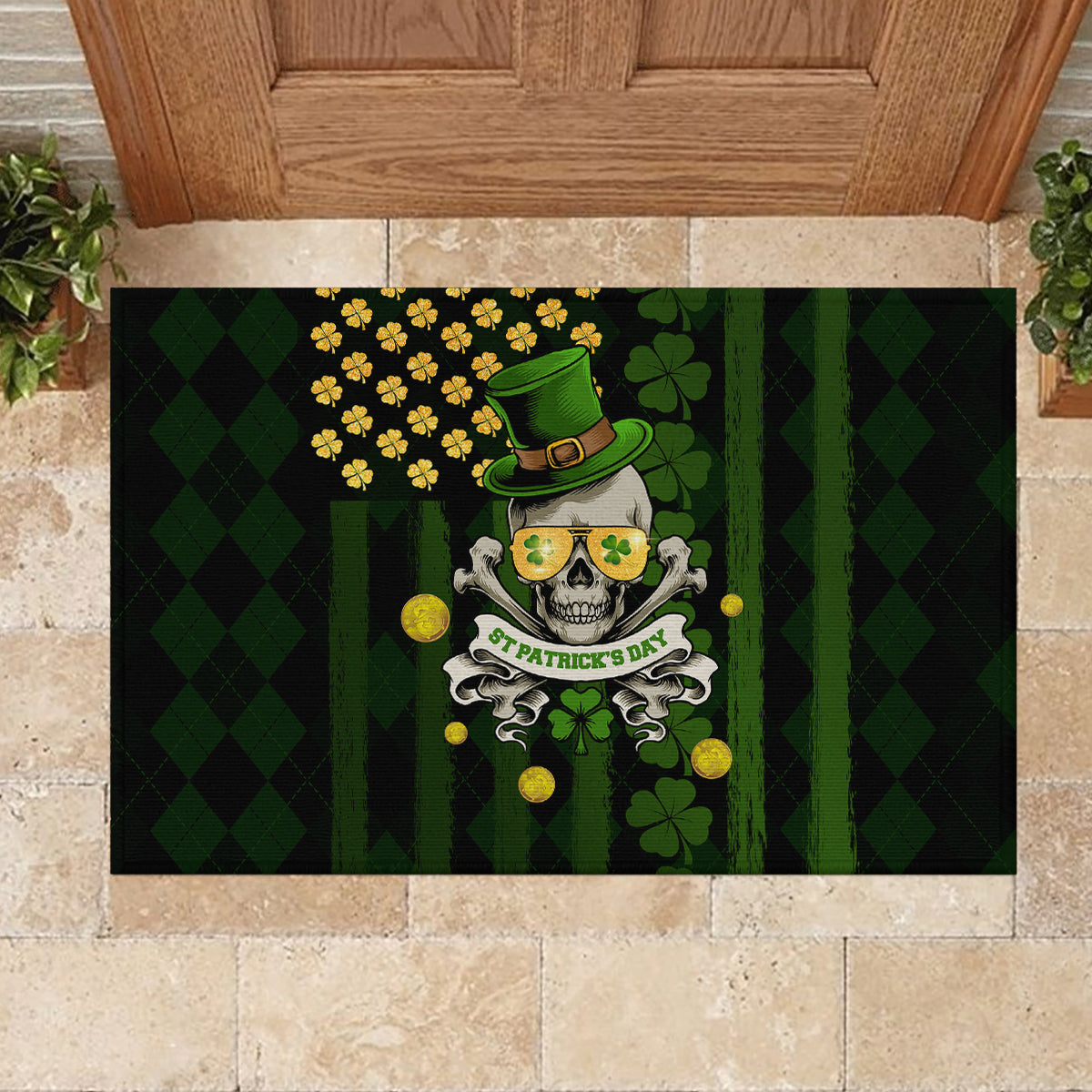 St Patrick's Day Skull Rubber Doormat American Flag Shamrock - Wonder Print Shop