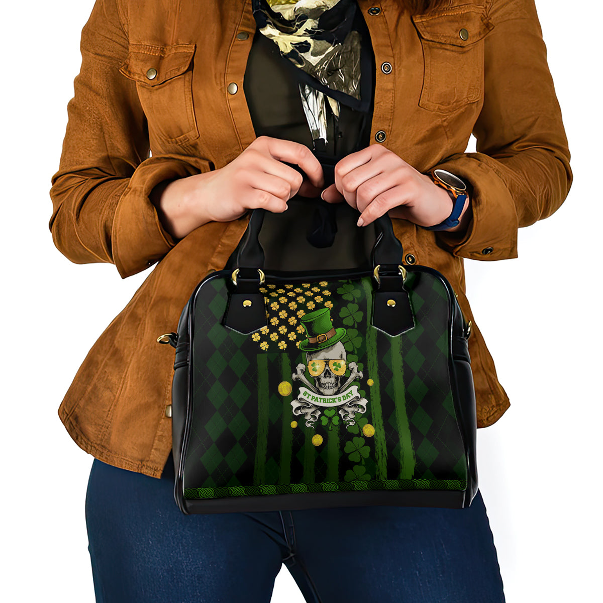St Patrick's Day Skull Shoulder Handbag American Flag Shamrock