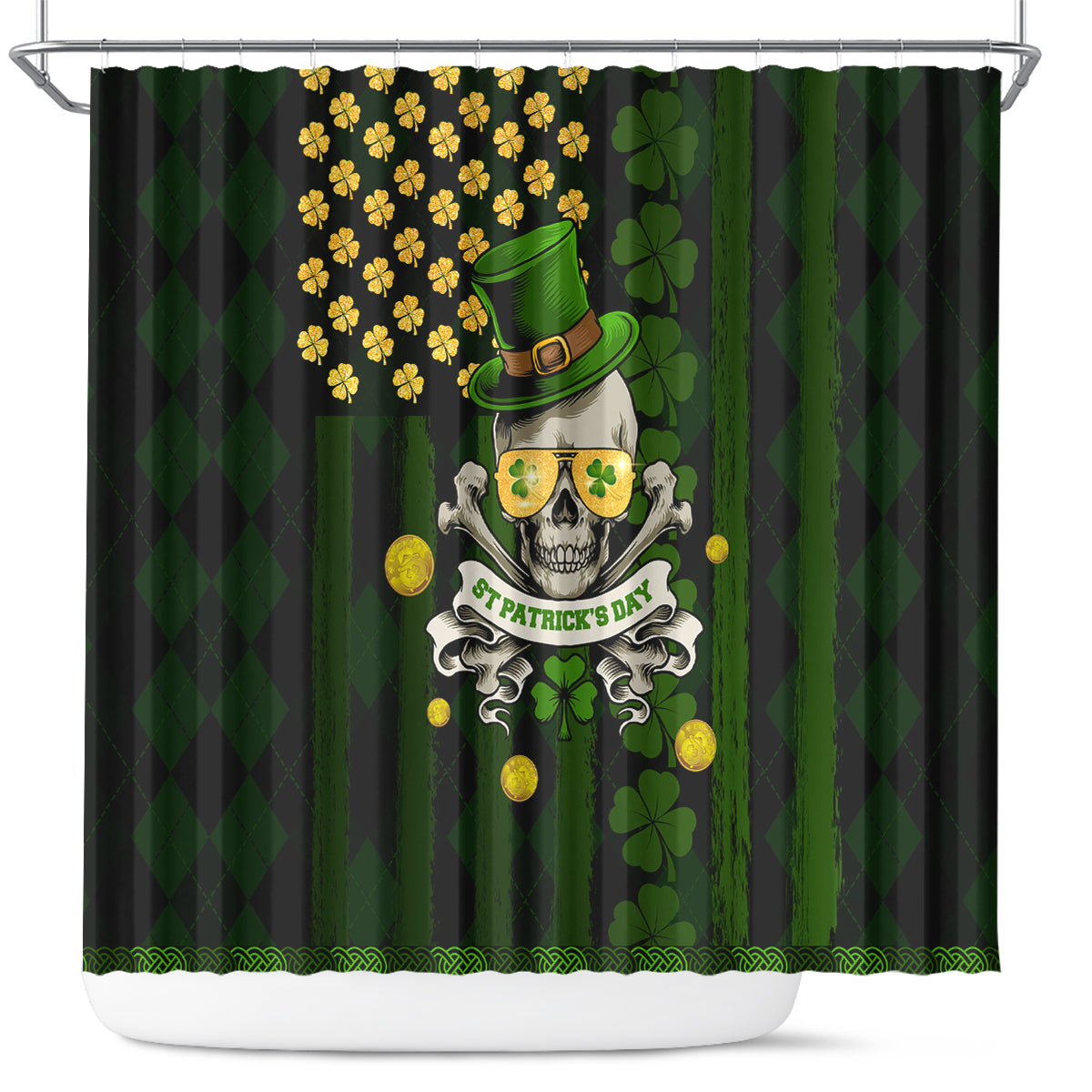 St Patrick's Day Skull Shower Curtain American Flag Shamrock
