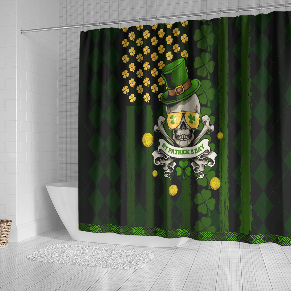St Patrick's Day Skull Shower Curtain American Flag Shamrock