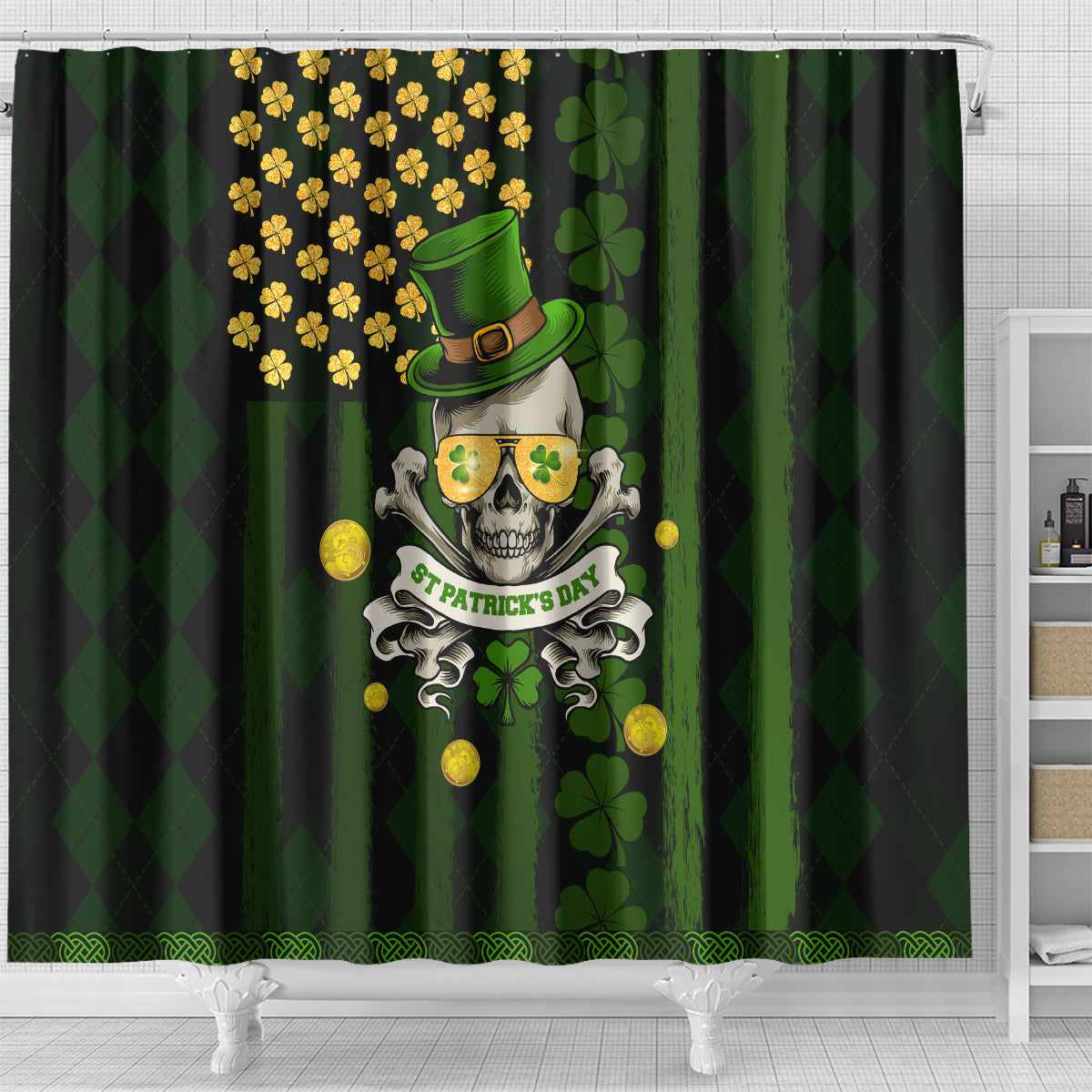 St Patrick's Day Skull Shower Curtain American Flag Shamrock