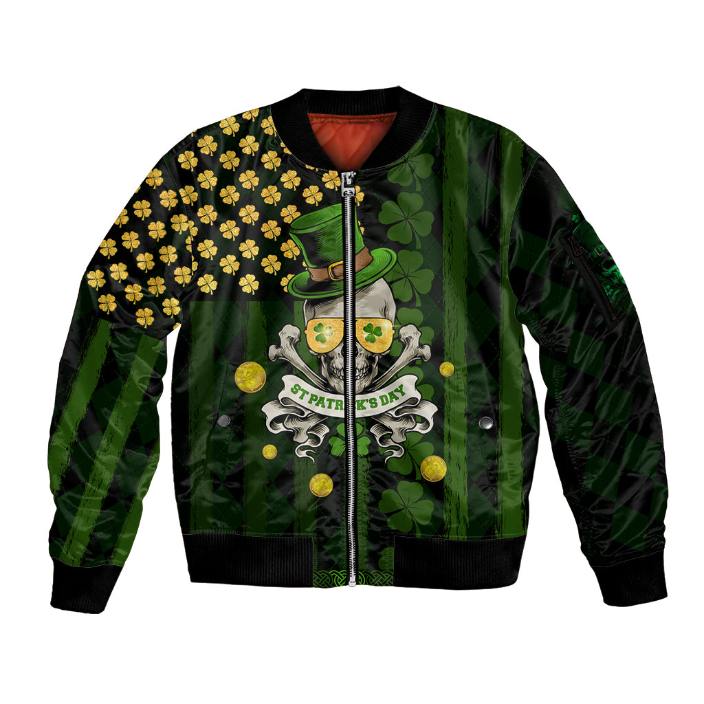 St Patrick's Day Skull Sleeve Zip Bomber Jacket American Flag Shamrock - Wonder Print Shop