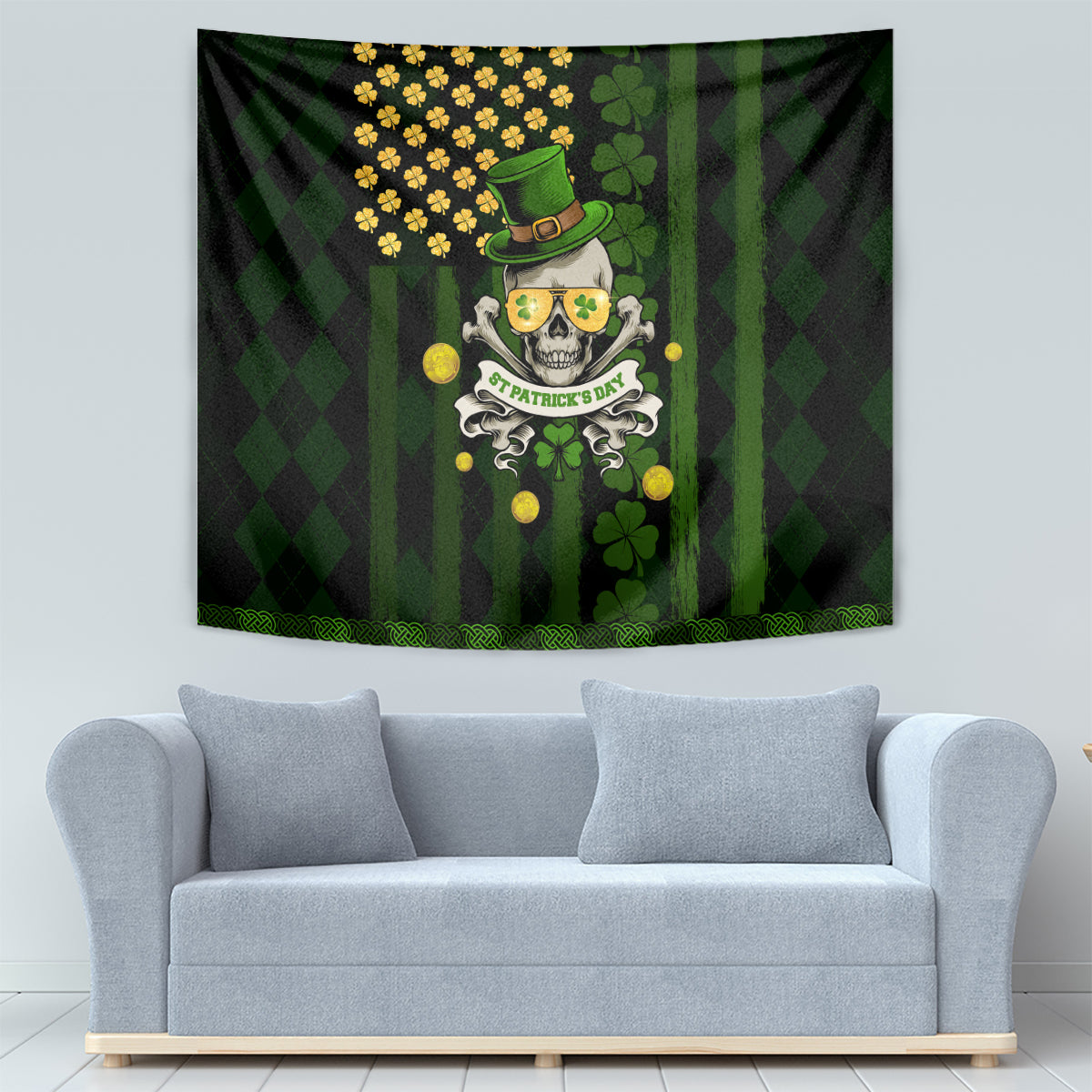 St Patrick's Day Skull Tapestry American Flag Shamrock - Wonder Print Shop
