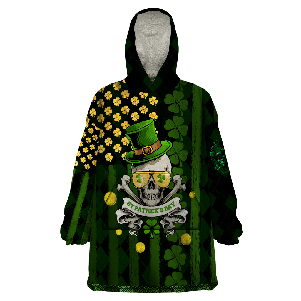 St Patrick's Day Skull Wearable Blanket Hoodie American Flag Shamrock - Wonder Print Shop