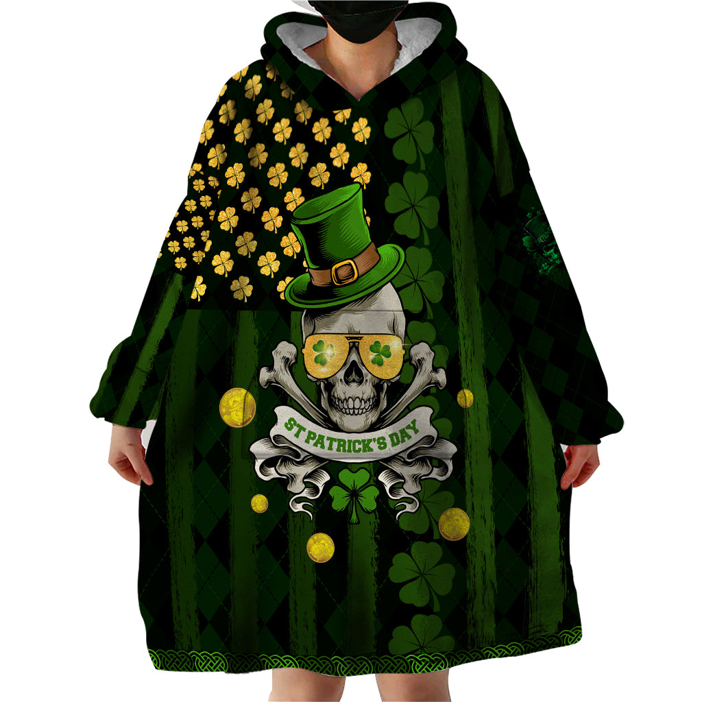 St Patrick's Day Skull Wearable Blanket Hoodie American Flag Shamrock - Wonder Print Shop