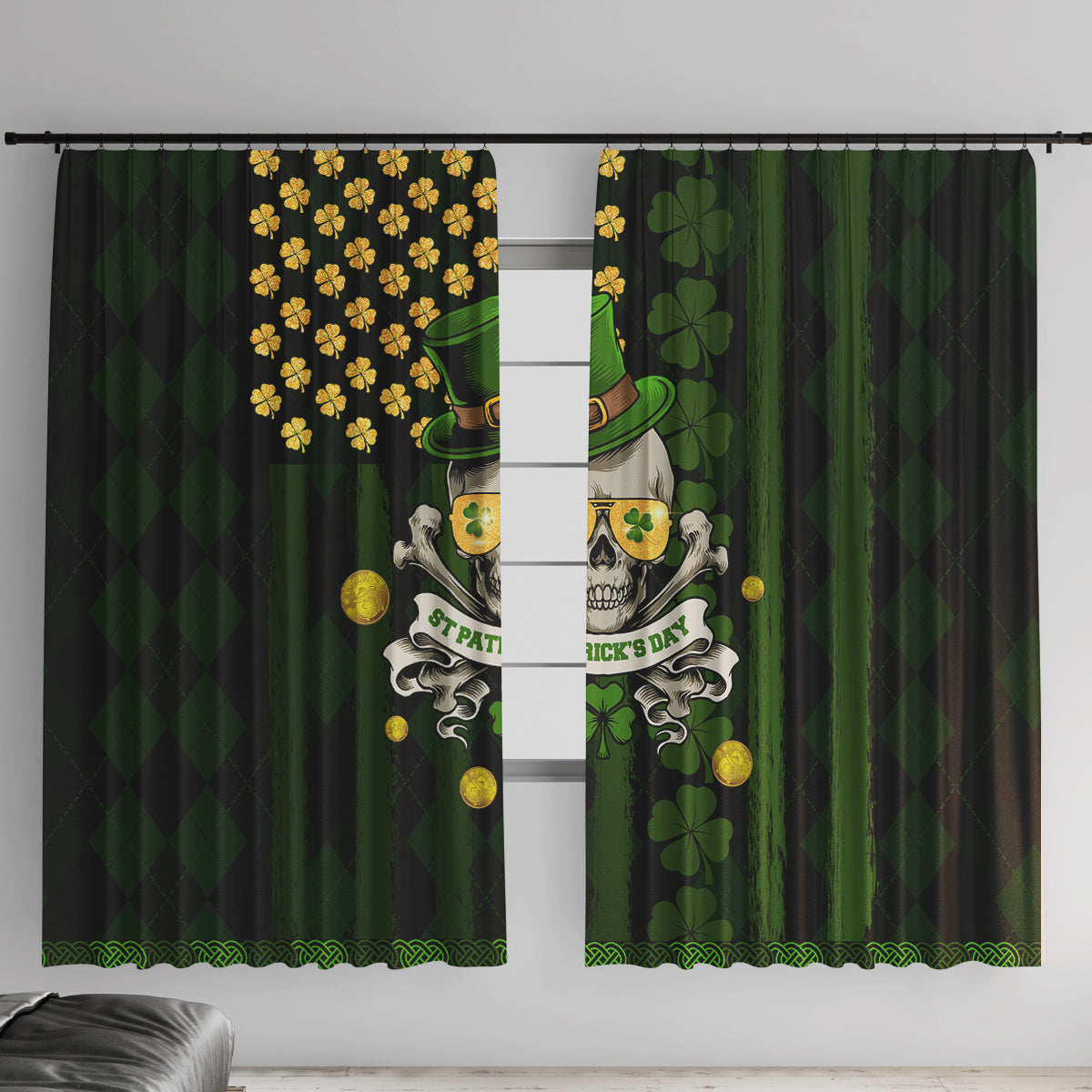 St Patrick's Day Skull Window Curtain American Flag Shamrock - Wonder Print Shop