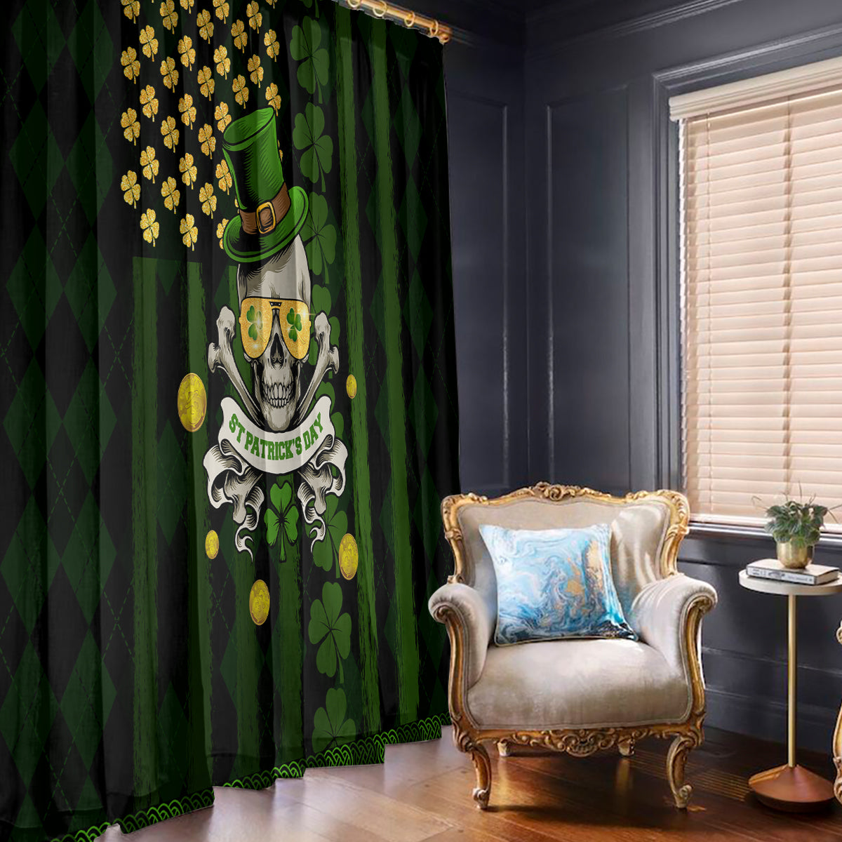 St Patrick's Day Skull Window Curtain American Flag Shamrock - Wonder Print Shop