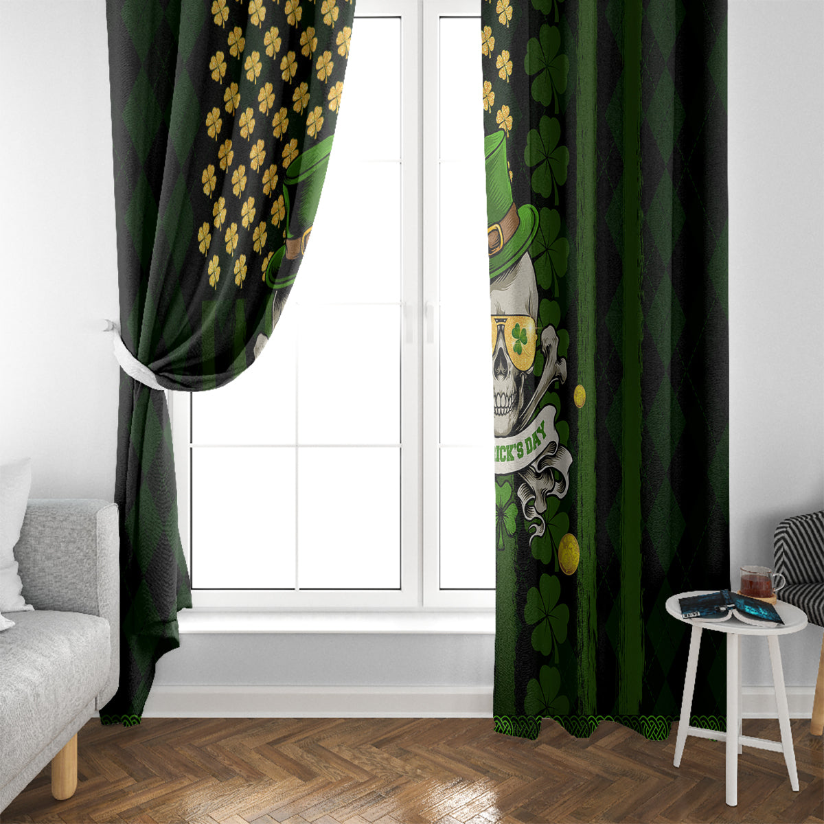 St Patrick's Day Skull Window Curtain American Flag Shamrock - Wonder Print Shop