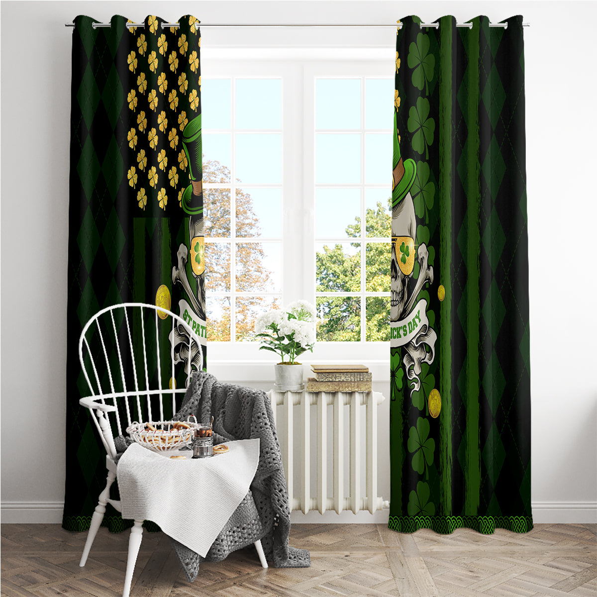 St Patrick's Day Skull Window Curtain American Flag Shamrock - Wonder Print Shop