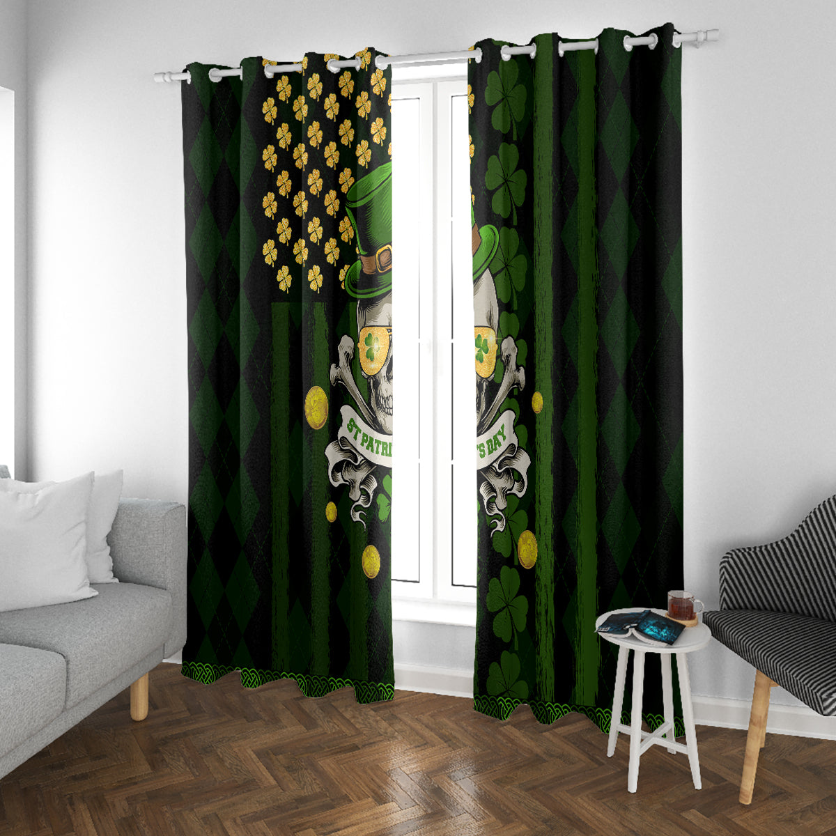 St Patrick's Day Skull Window Curtain American Flag Shamrock - Wonder Print Shop