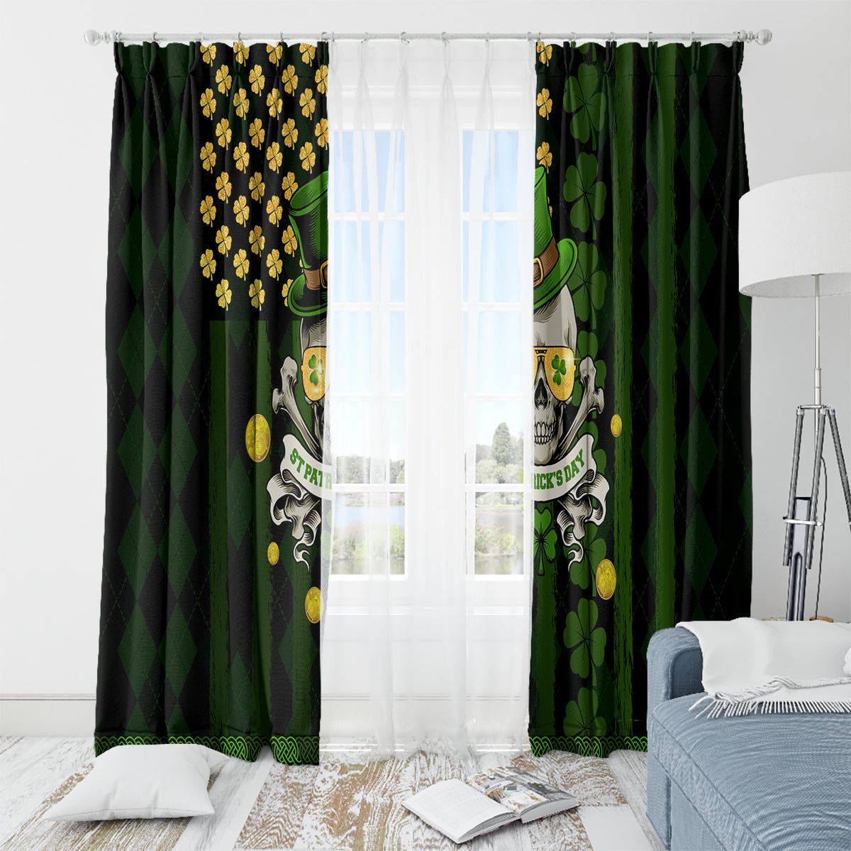 St Patrick's Day Skull Window Curtain American Flag Shamrock - Wonder Print Shop