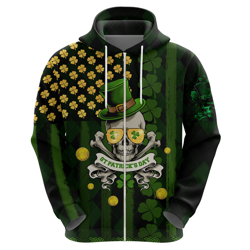 St Patrick's Day Skull Zip Hoodie American Flag Shamrock - Wonder Print Shop