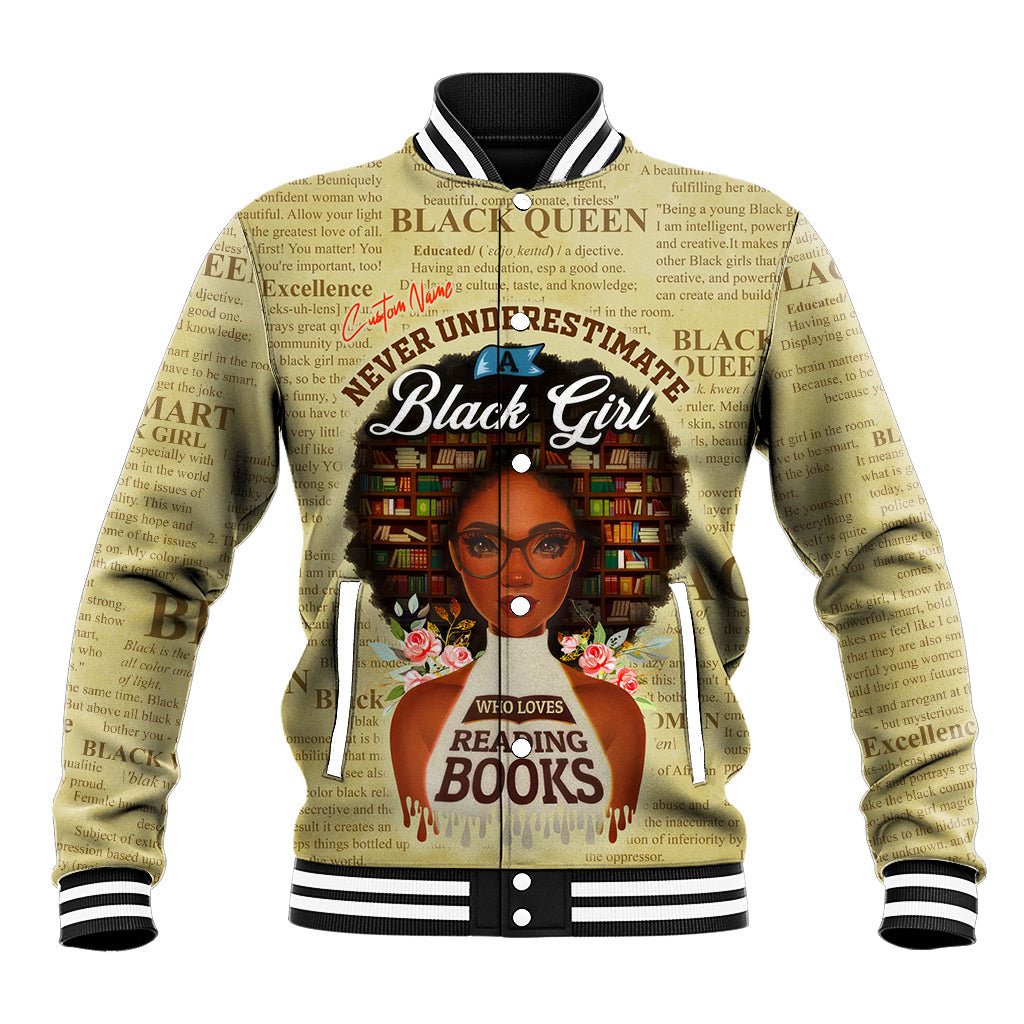 Personalized Black Girl African Baseball Jacket Never Underestimate A Book Lover - Wonder Print Shop