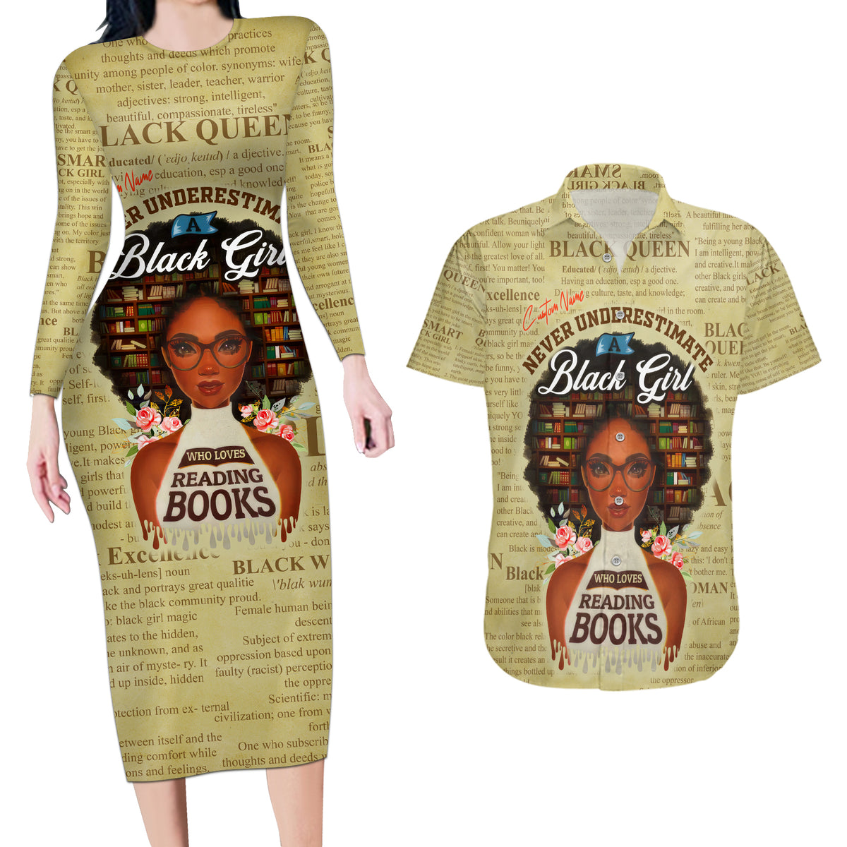 Personalized Black Girl African Couples Matching Long Sleeve Bodycon Dress and Hawaiian Shirt Never Underestimate A Book Lover - Wonder Print Shop