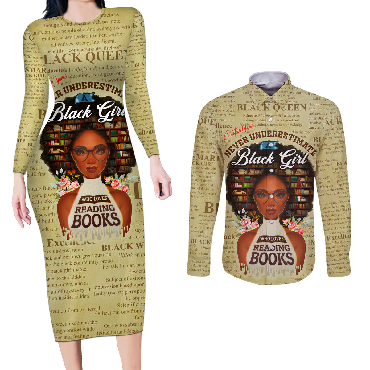 Personalized Black Girl African Couples Matching Long Sleeve Bodycon Dress and Long Sleeve Button Shirt Never Underestimate A Book Lover - Wonder Print Shop