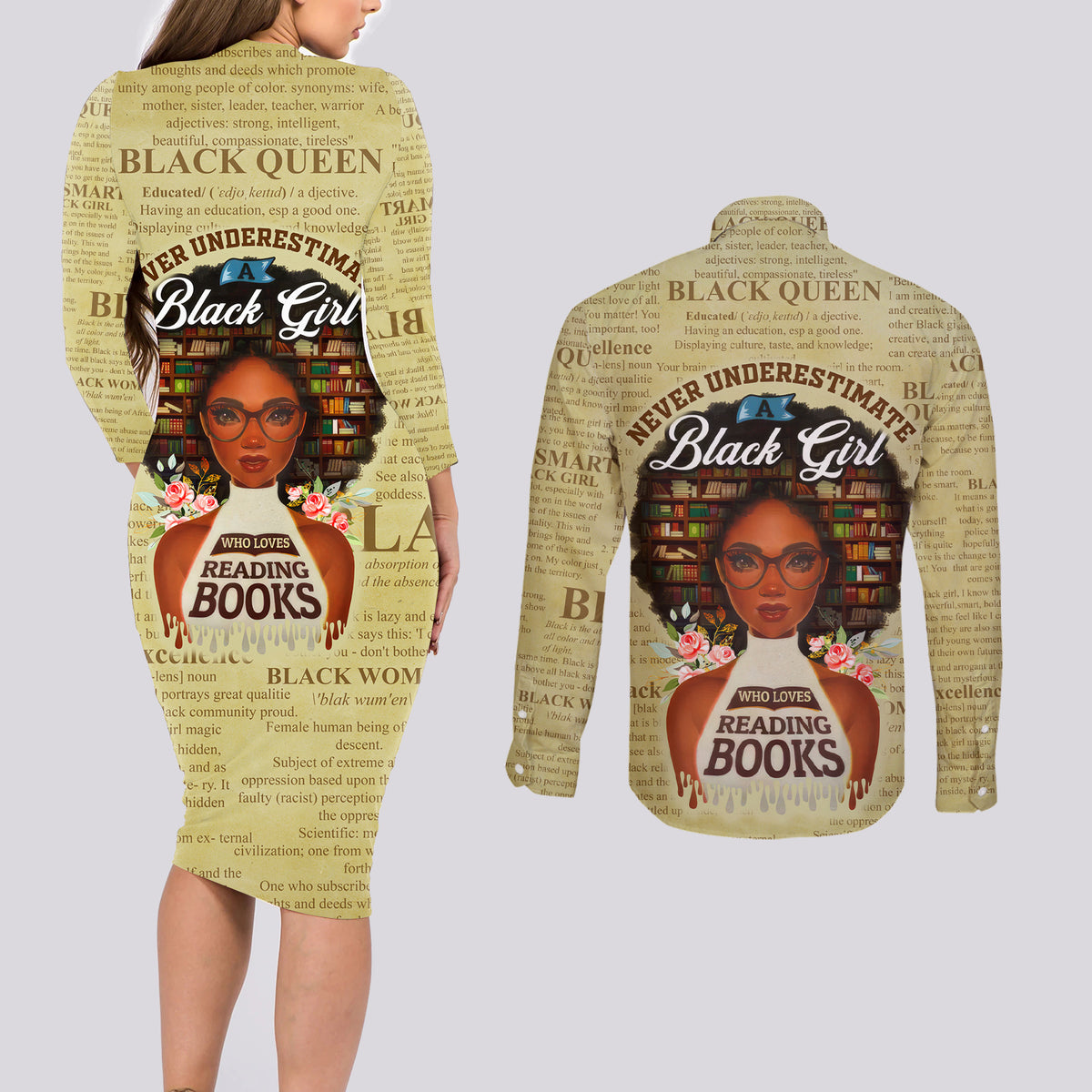 Personalized Black Girl African Couples Matching Long Sleeve Bodycon Dress and Long Sleeve Button Shirt Never Underestimate A Book Lover - Wonder Print Shop