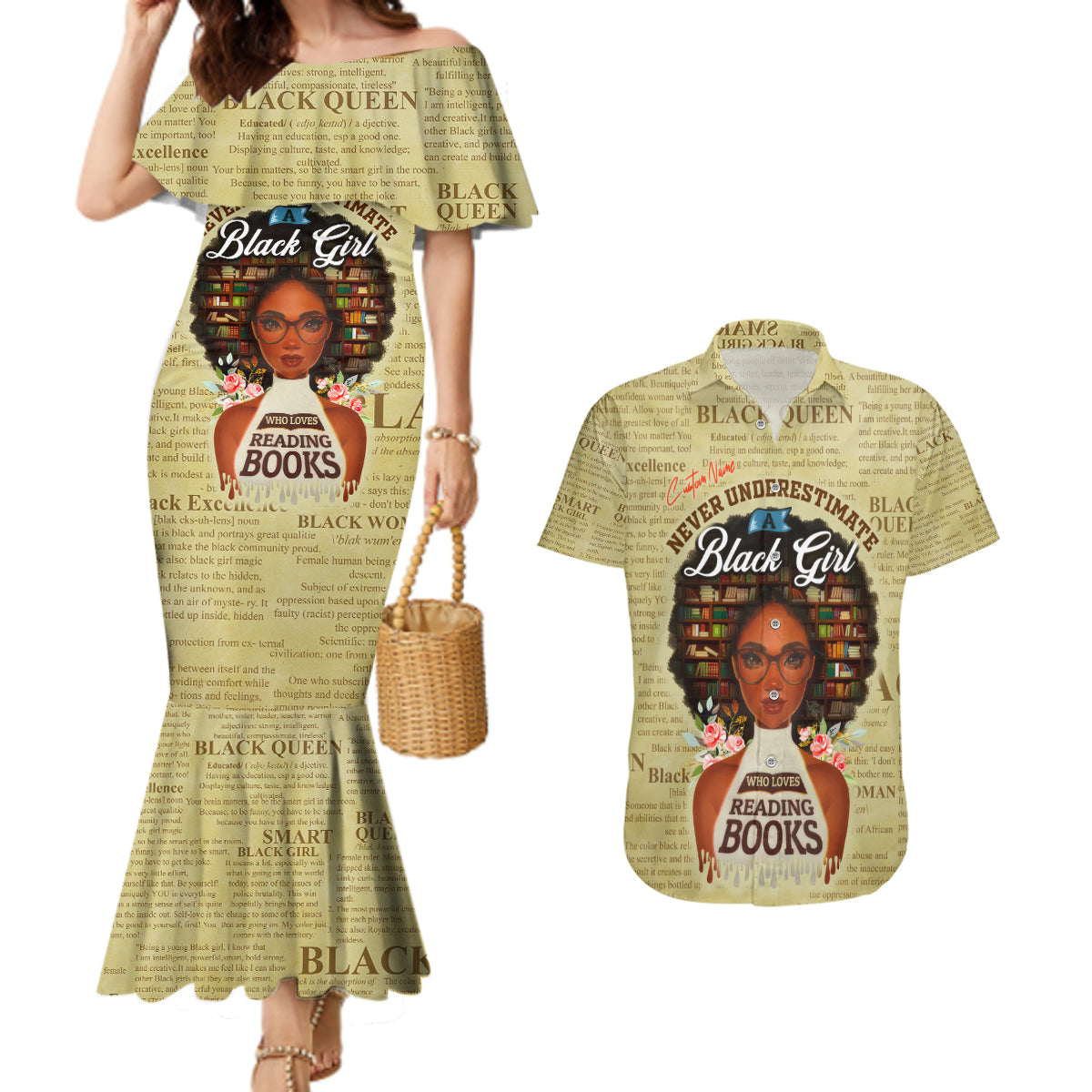 Personalized Black Girl African Couples Matching Mermaid Dress and Hawaiian Shirt Never Underestimate A Book Lover - Wonder Print Shop