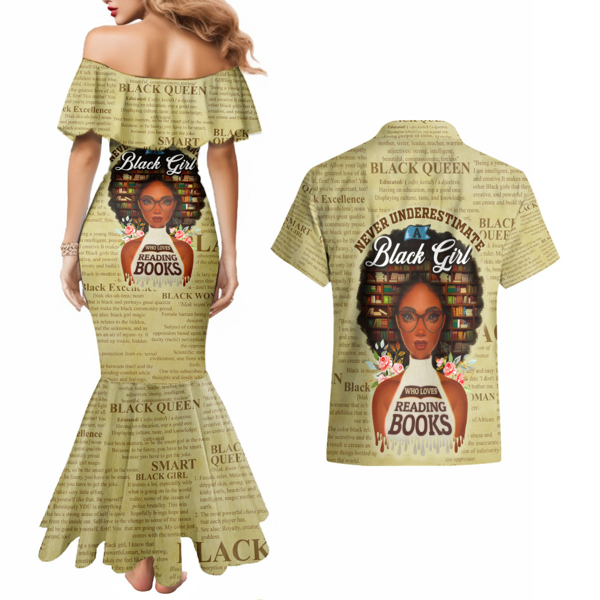 Personalized Black Girl African Couples Matching Mermaid Dress and Hawaiian Shirt Never Underestimate A Book Lover - Wonder Print Shop