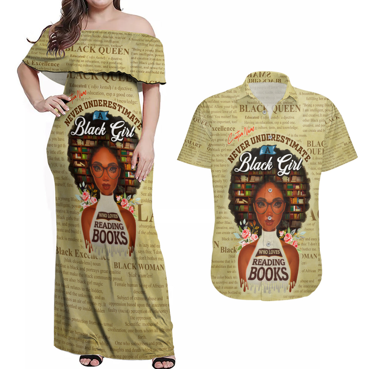 Personalized Black Girl African Couples Matching Off Shoulder Maxi Dress and Hawaiian Shirt Never Underestimate A Book Lover - Wonder Print Shop