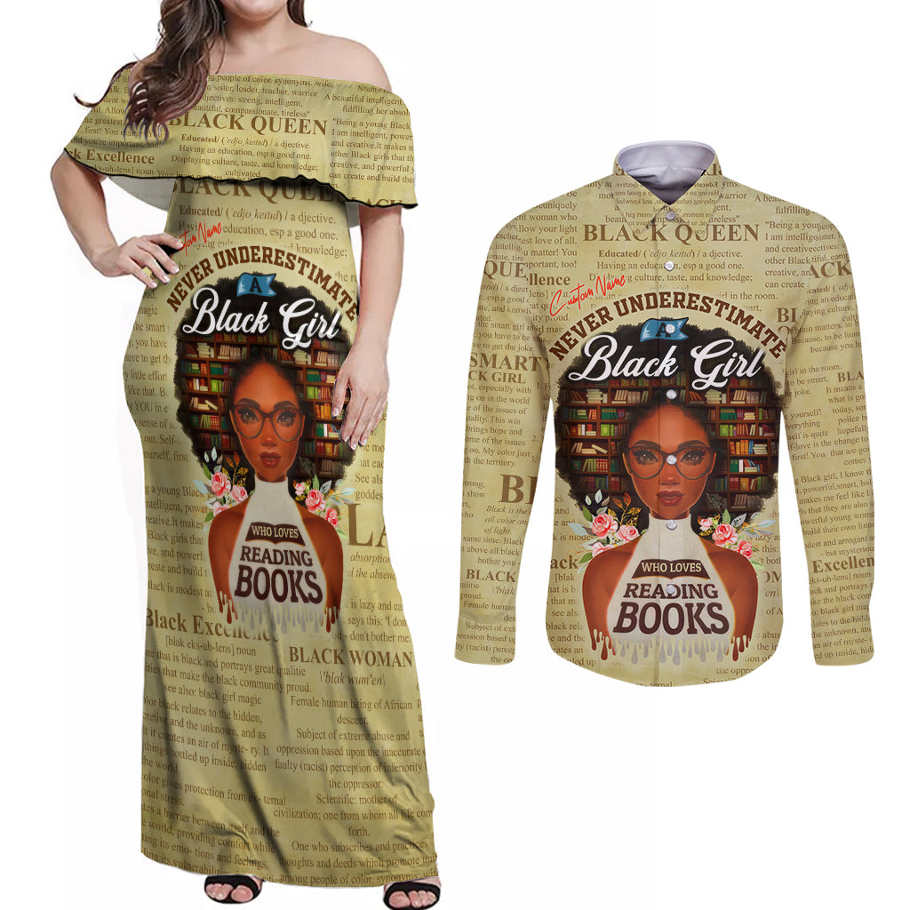Personalized Black Girl African Couples Matching Off Shoulder Maxi Dress and Long Sleeve Button Shirt Never Underestimate A Book Lover - Wonder Print Shop