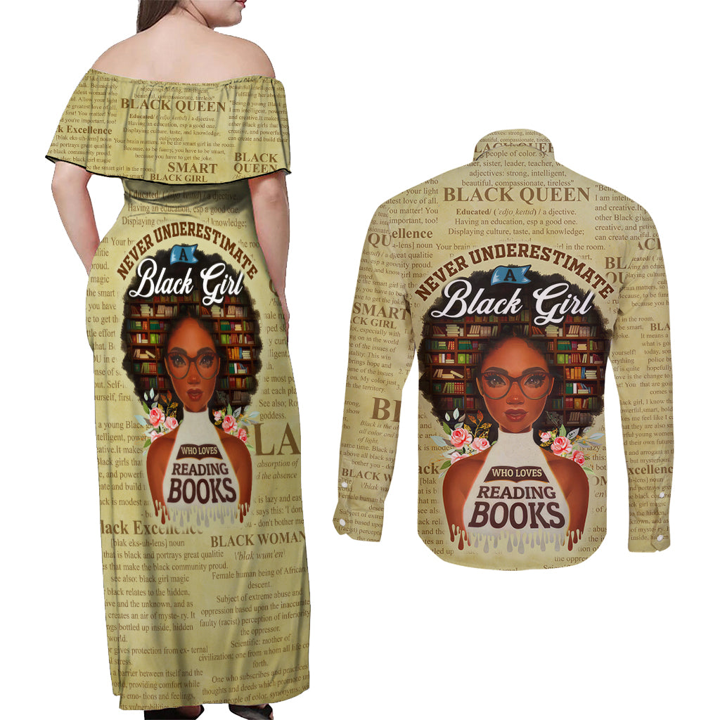 Personalized Black Girl African Couples Matching Off Shoulder Maxi Dress and Long Sleeve Button Shirt Never Underestimate A Book Lover - Wonder Print Shop