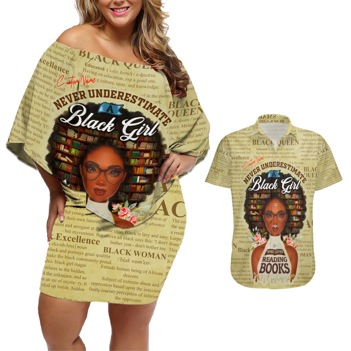 Personalized Black Girl African Couples Matching Off Shoulder Short Dress and Hawaiian Shirt Never Underestimate A Book Lover - Wonder Print Shop