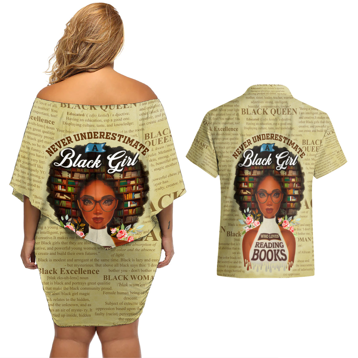 Personalized Black Girl African Couples Matching Off Shoulder Short Dress and Hawaiian Shirt Never Underestimate A Book Lover - Wonder Print Shop