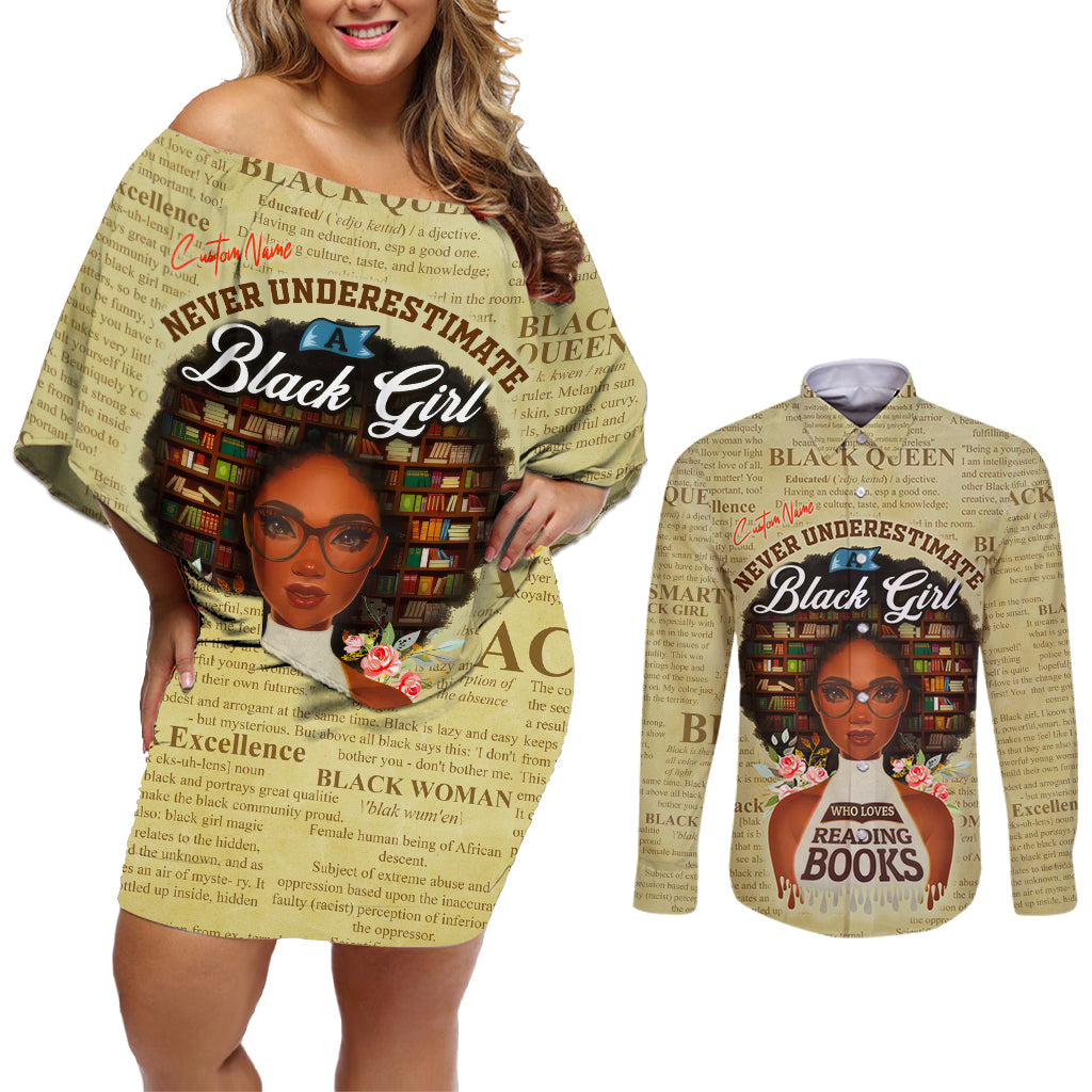 Personalized Black Girl African Couples Matching Off Shoulder Short Dress and Long Sleeve Button Shirt Never Underestimate A Book Lover - Wonder Print Shop